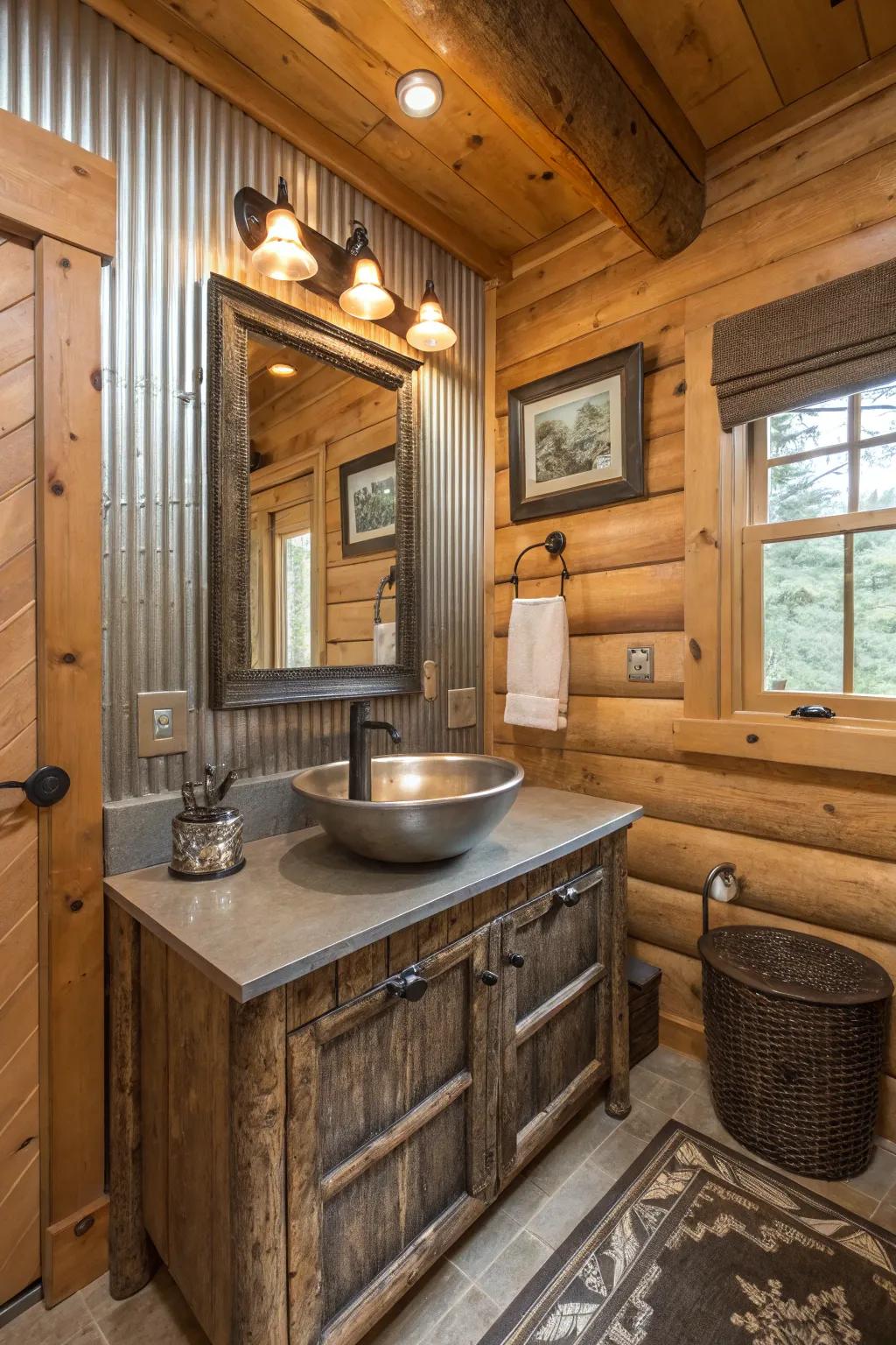 A log cabin bathroom that mixes textures of metal and timber.