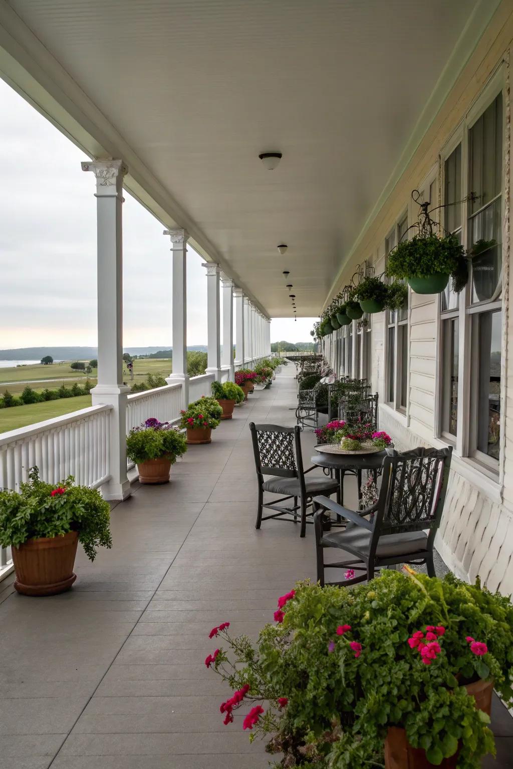 Symmetrical arrangements add balance and harmony to a porch.