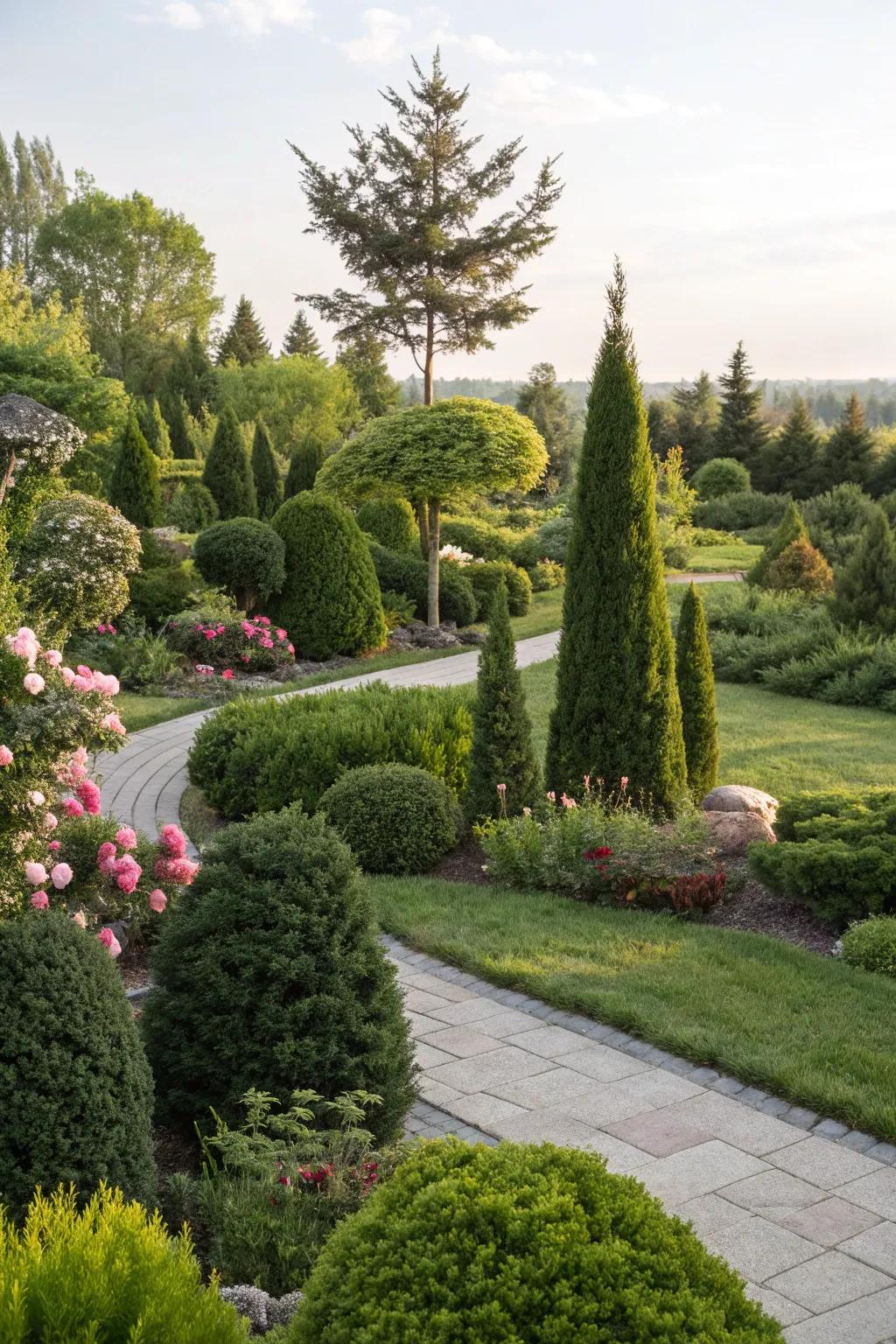 Evergreens give year-round structure among perennials.