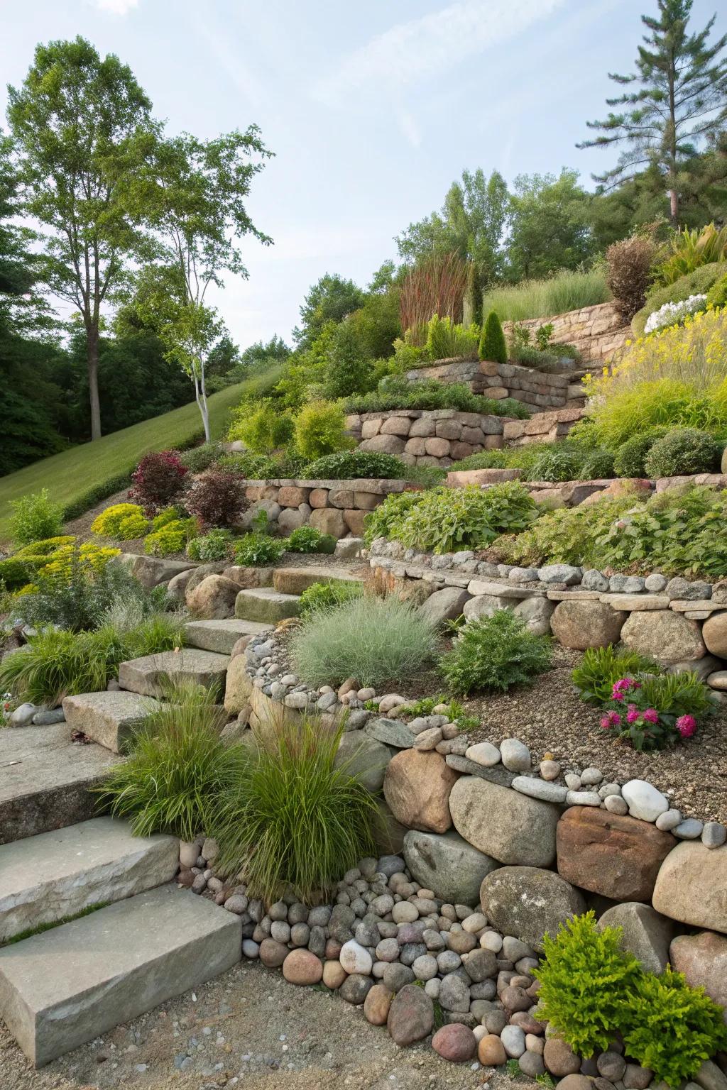 Add visual flair to your garden with multi-tiered pebble stone levels.