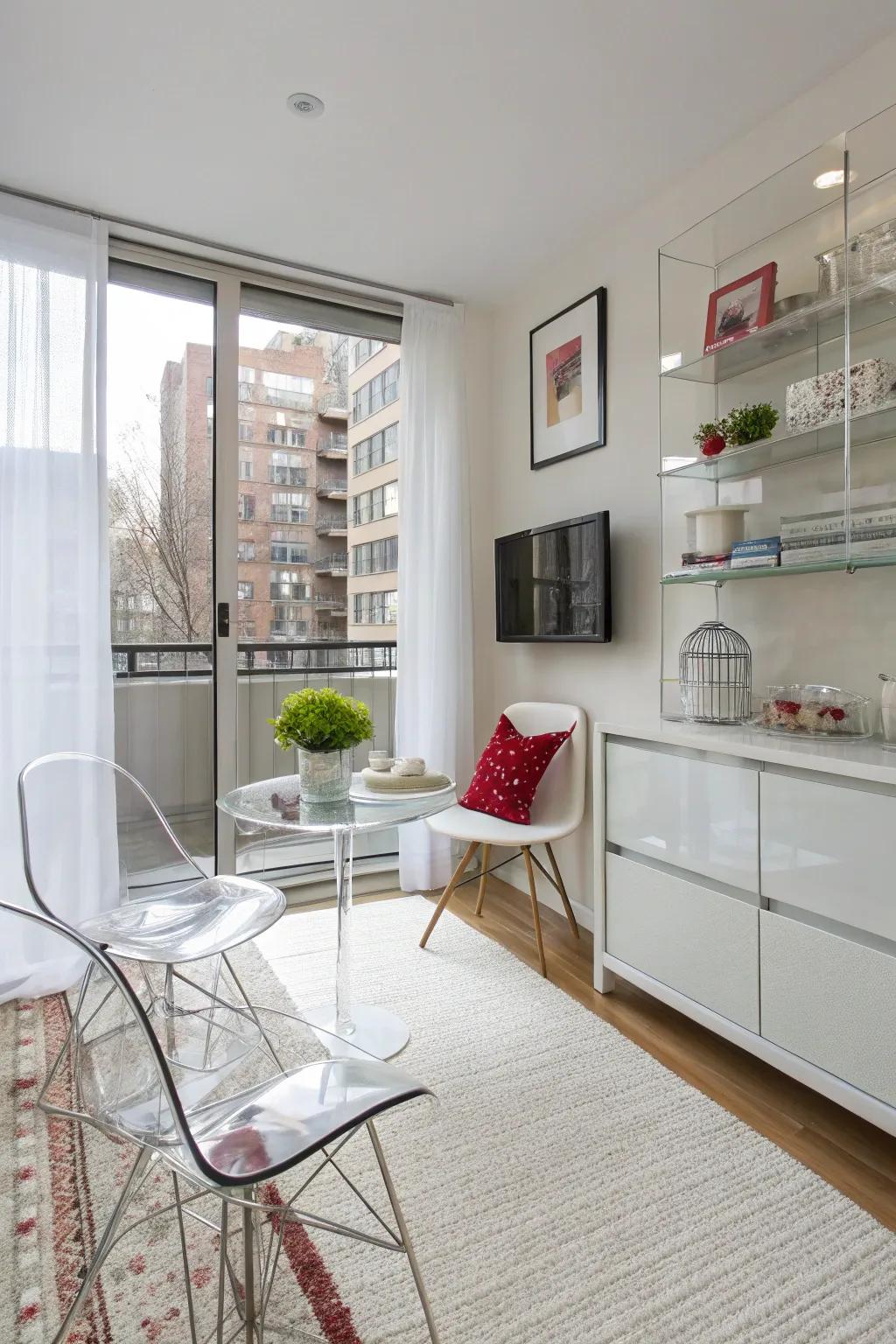 Lucite furniture is great for small spaces.