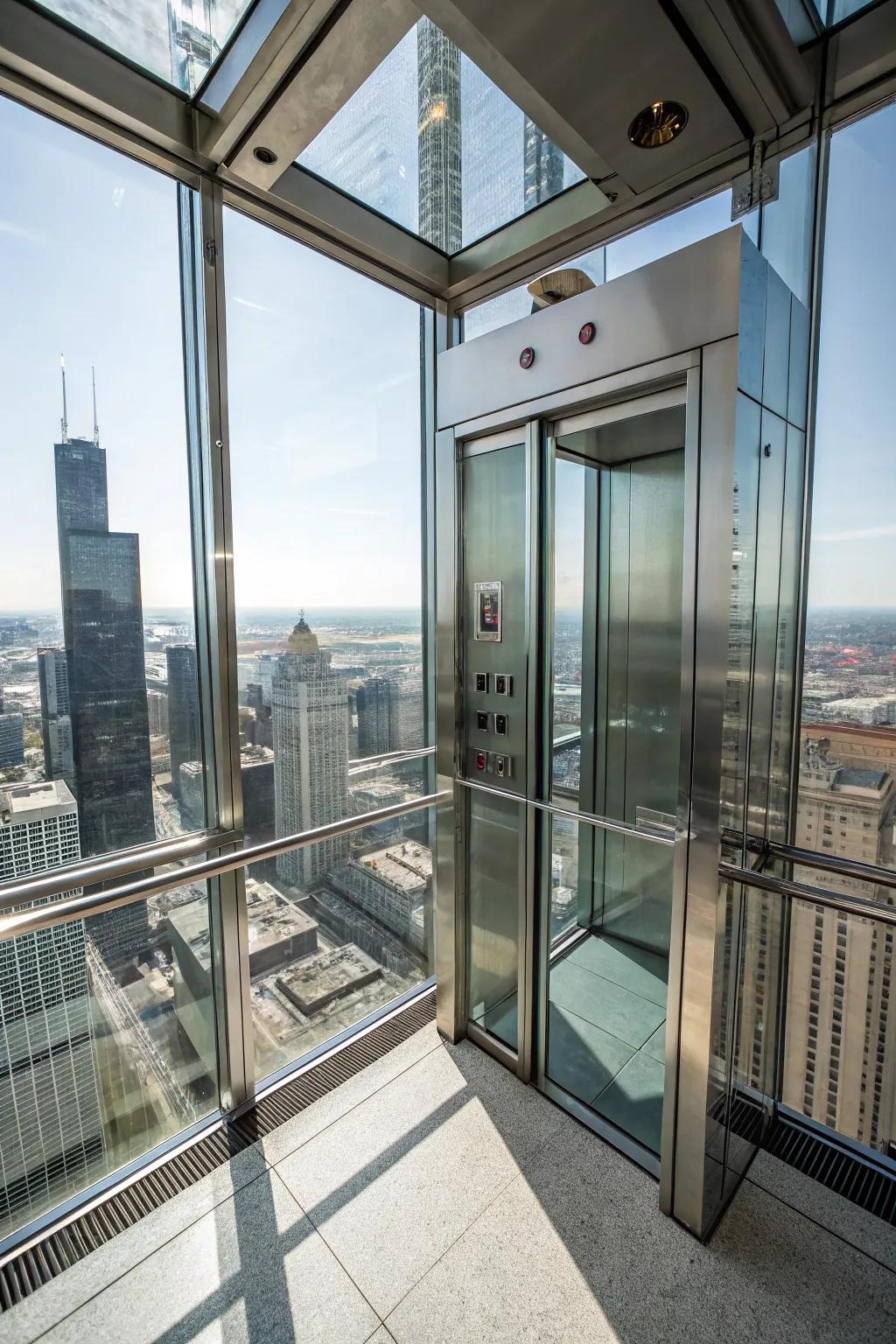 Glass elevators provide spectacular views and a contemporary visual.