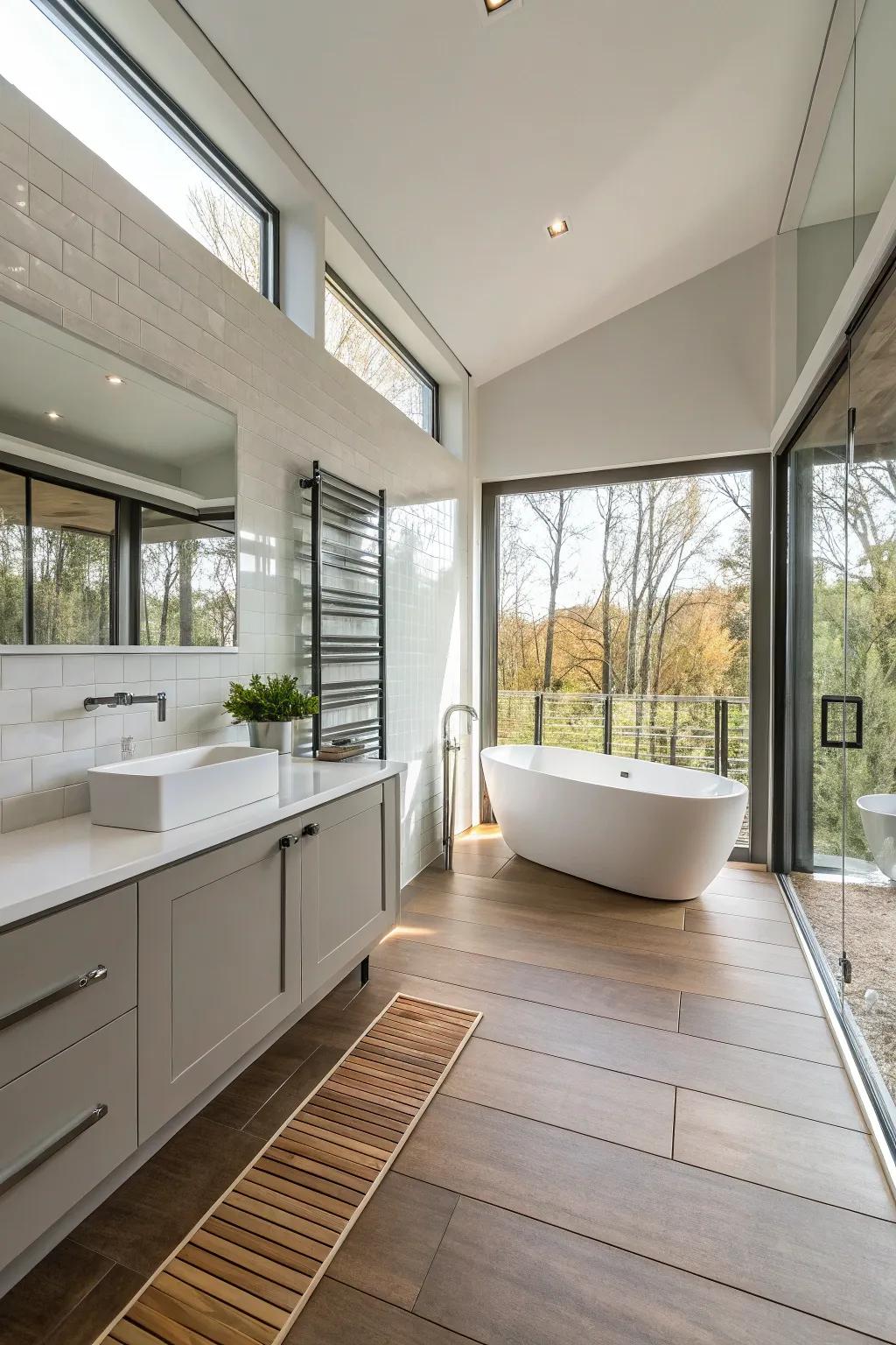 A contemporary bathroom featuring the comfort of warming floors.