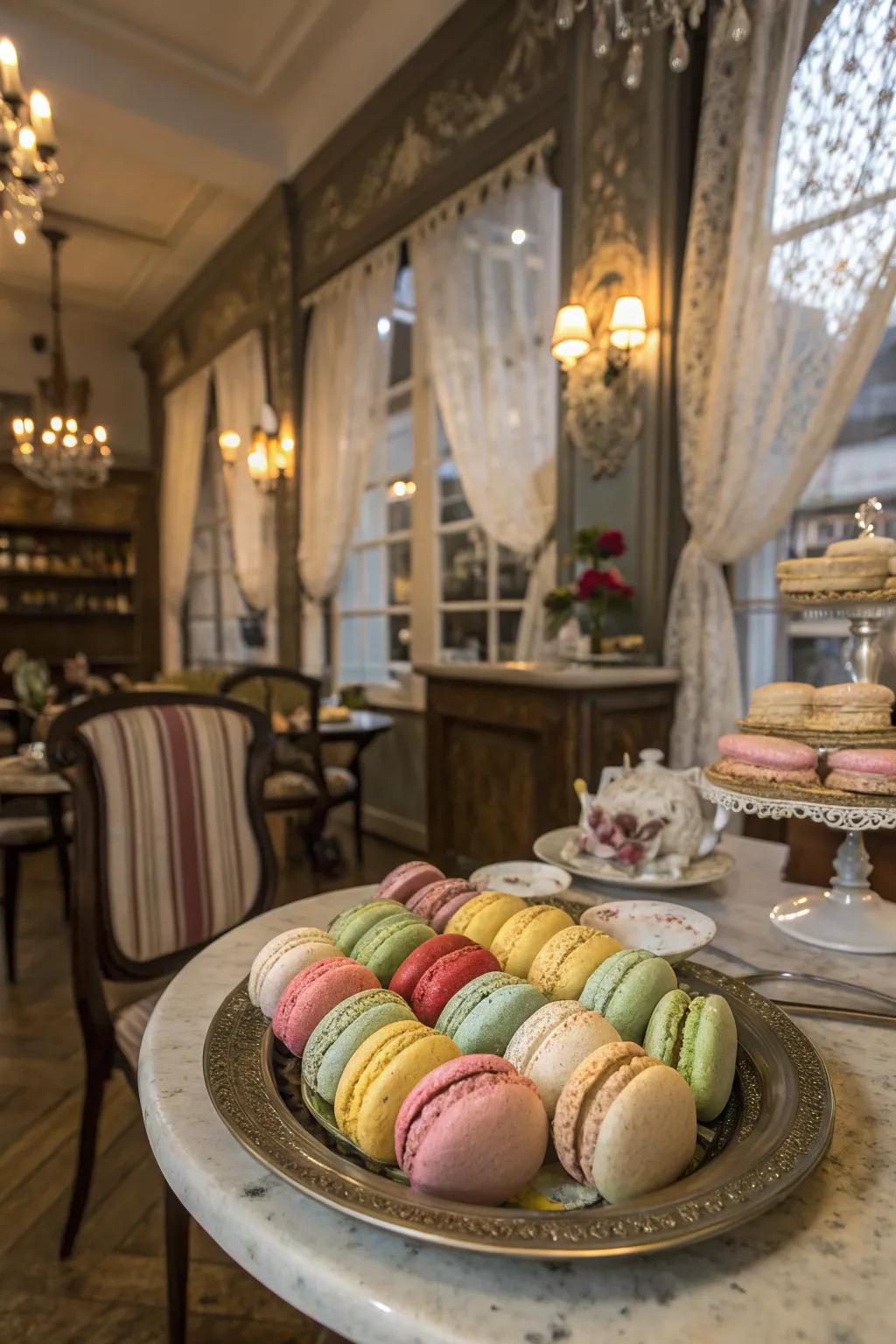 Macarons in a Parisian caf&eacute;-themed setting.