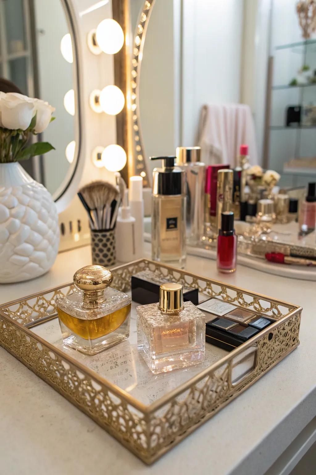 A perfume tray adds chic organization.