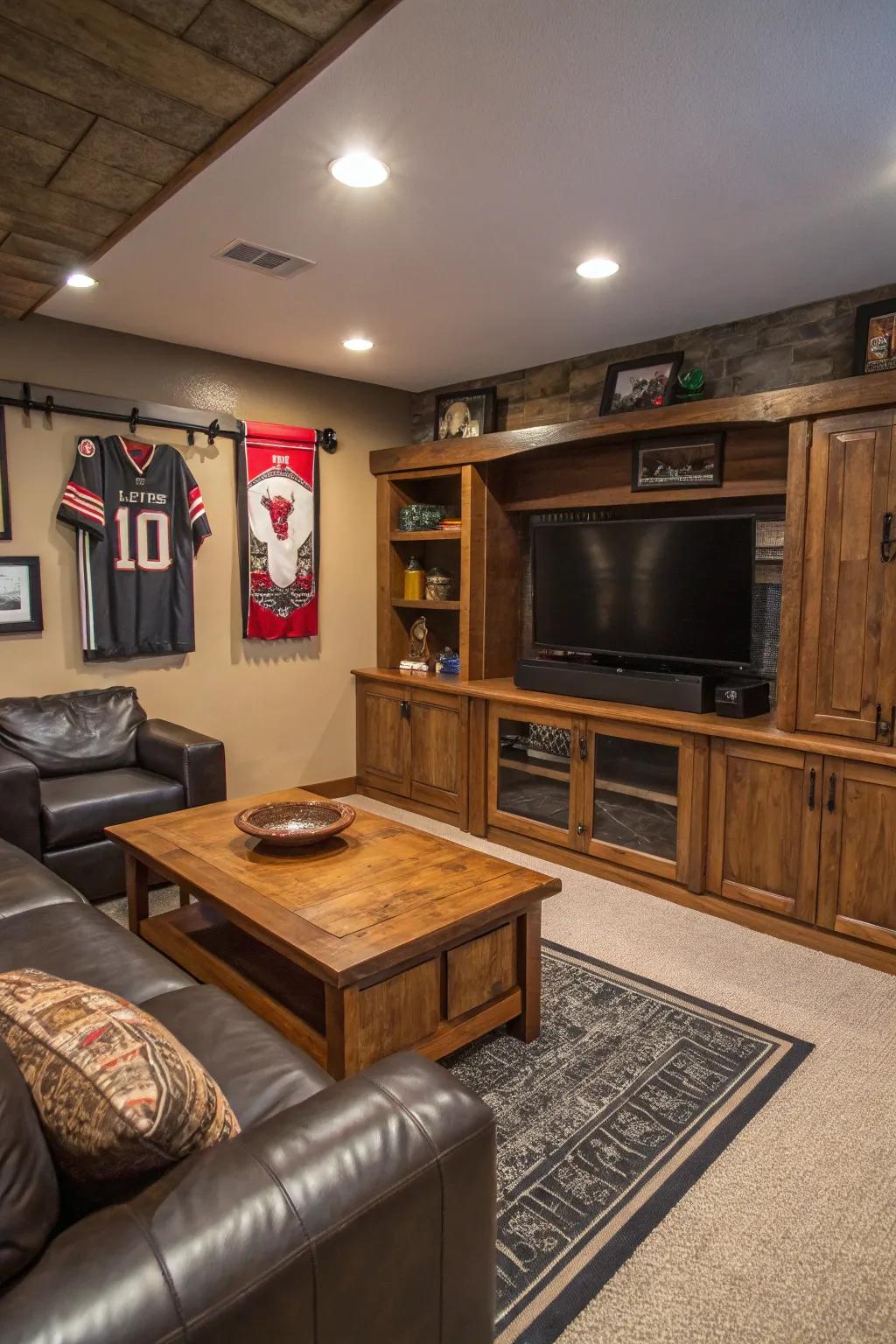 Hidden storage areas maintain this man cave clutter-free.