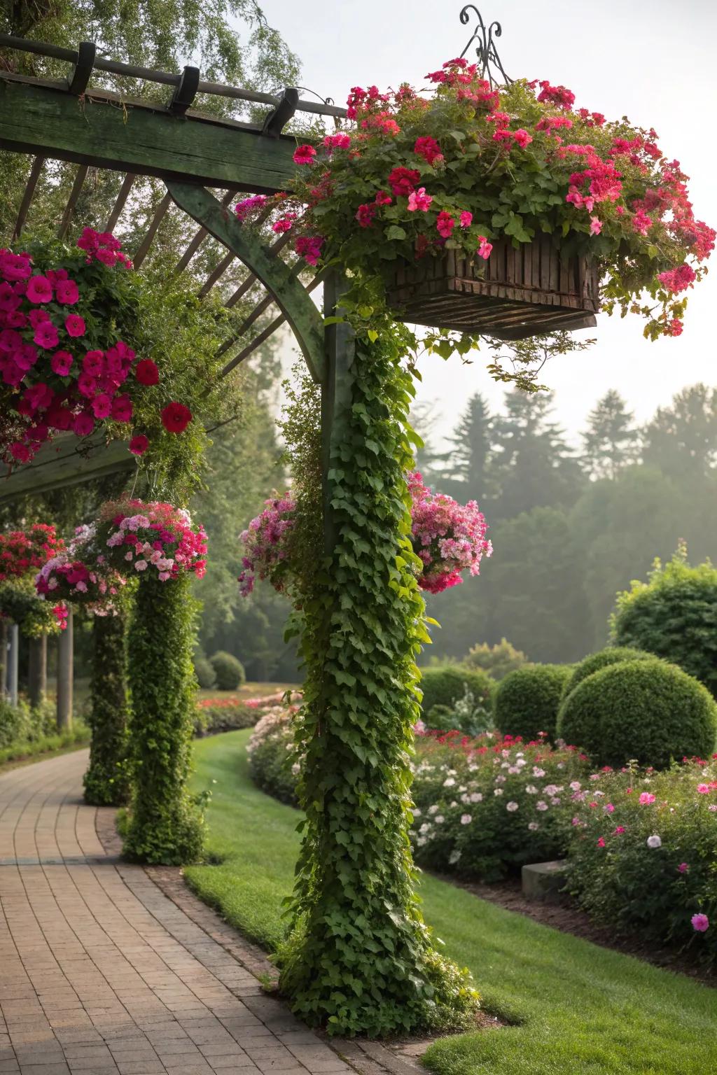 A trellis with hanging tropical trumpet baskets adds layers of beauty and interest.