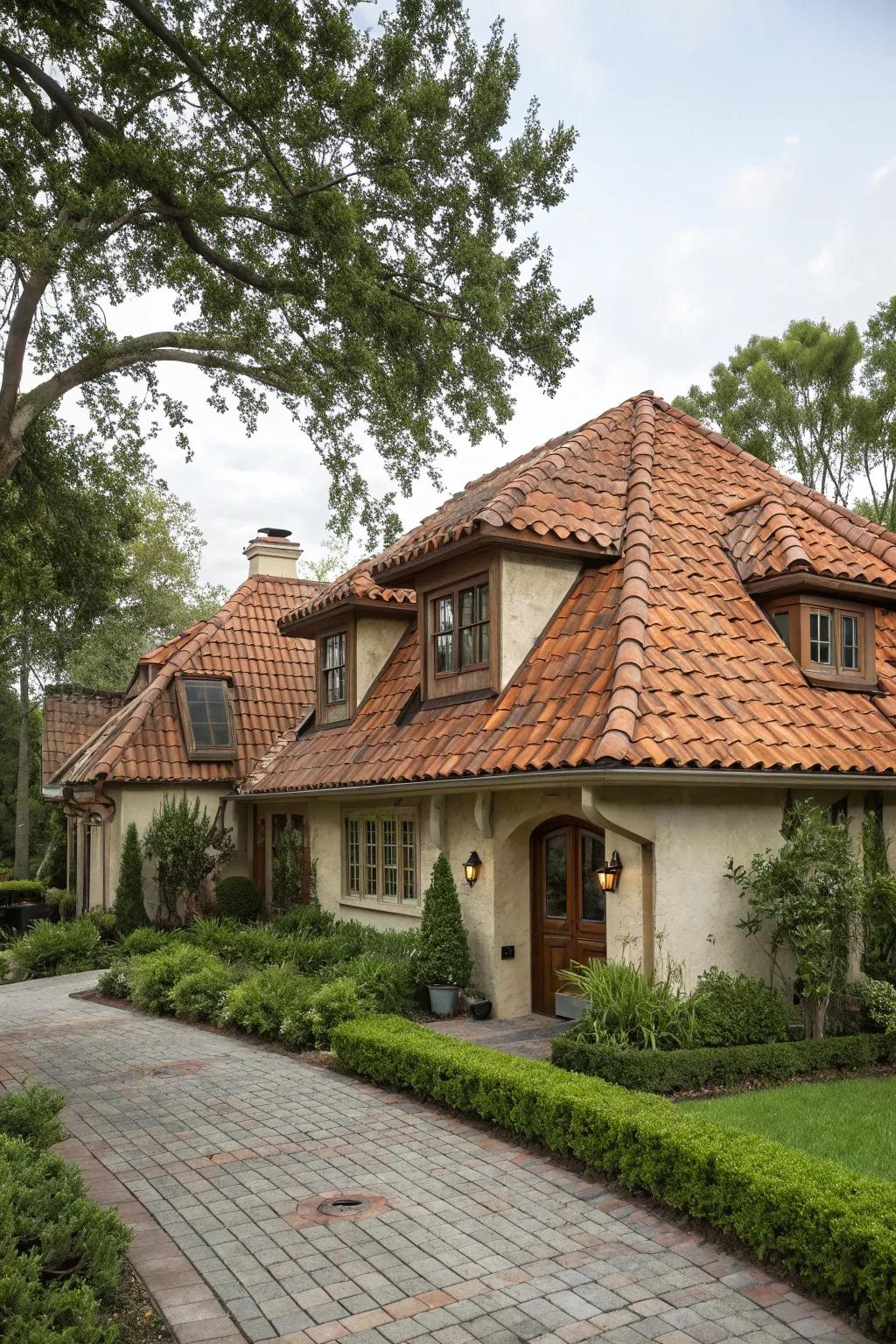 Clayey sections append warmth and individuality to this mansard roof.