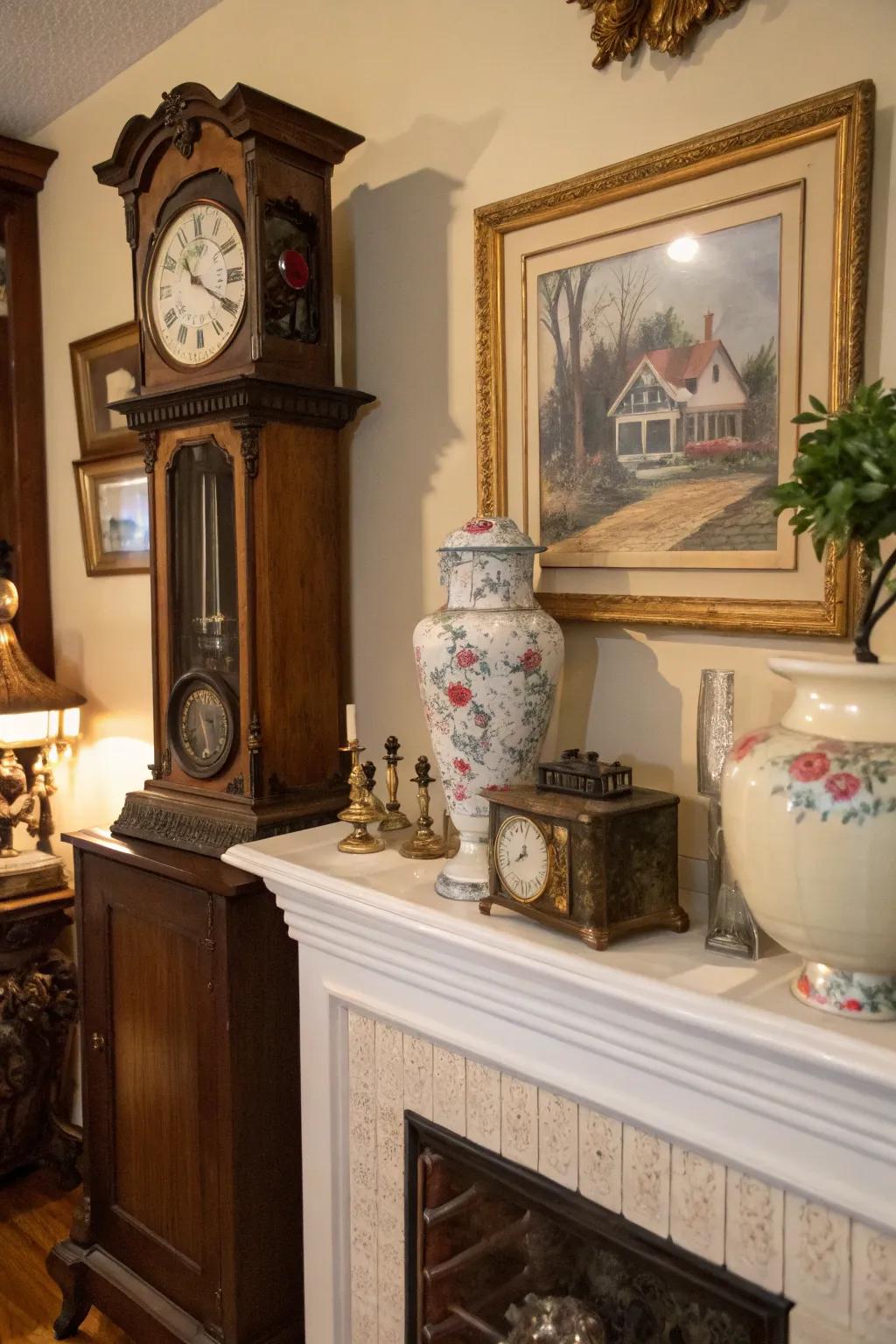 Vintage treasures add charm and individuality to this mantel.