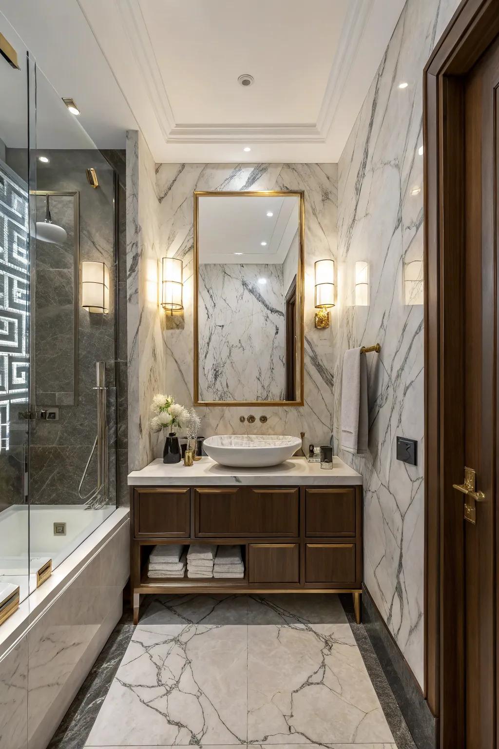 A marble feature wall serves as an attention-grabbing element.