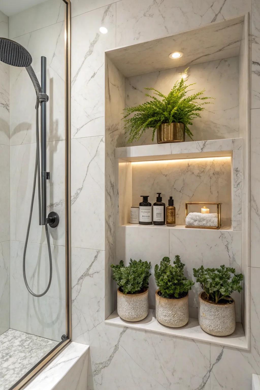 Greenery within a stone alcove brings life to the shower.