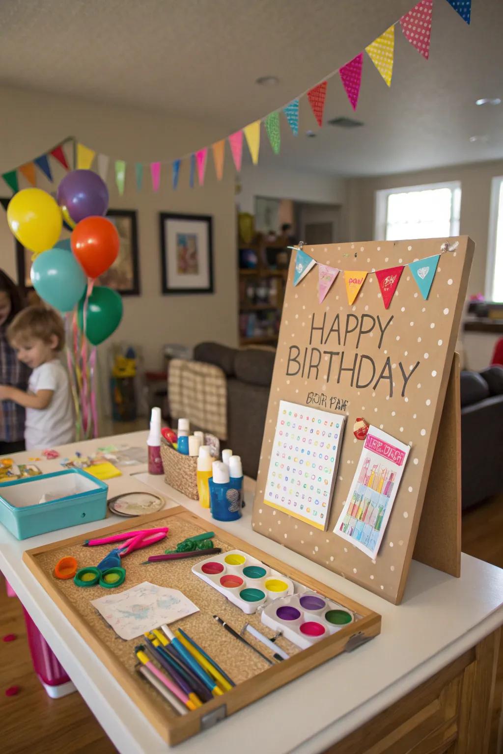 An individualized art station motivates attendees to personalize the birthday display.