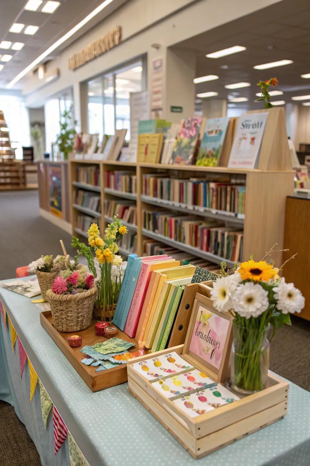 A seasonal DIY crafts display with spring-themed projects.