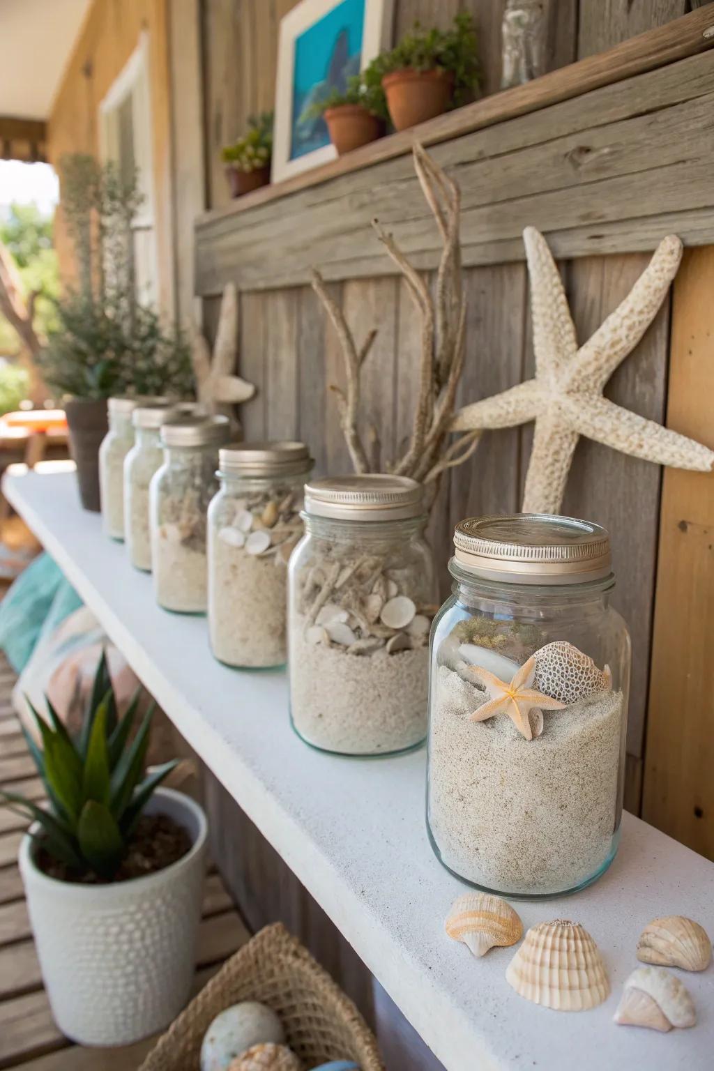 Use shell showcases in glass preserving jars to bring the beach home.