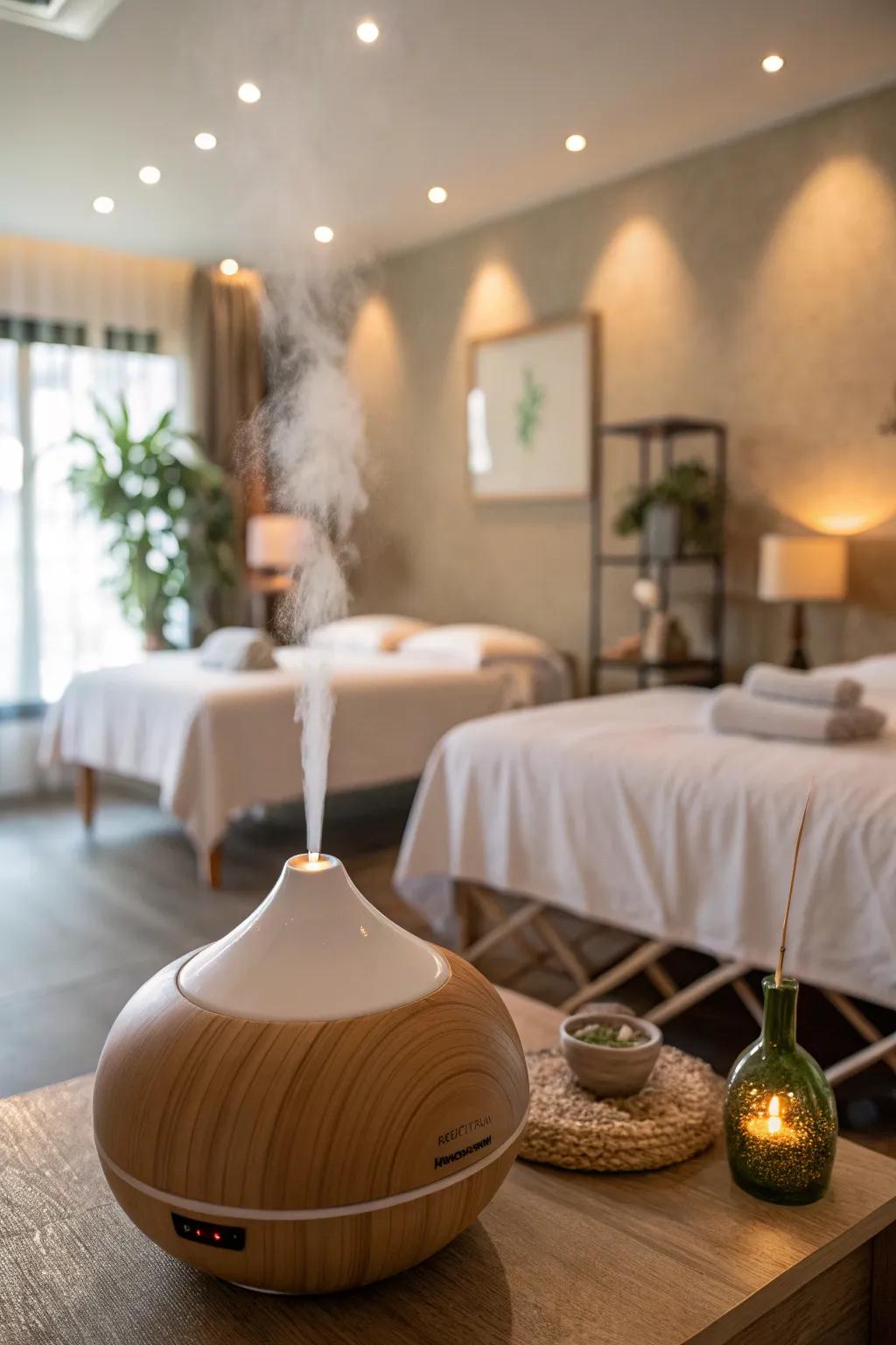 A massage room infused through soothing scents from a scented oil diffuser.
