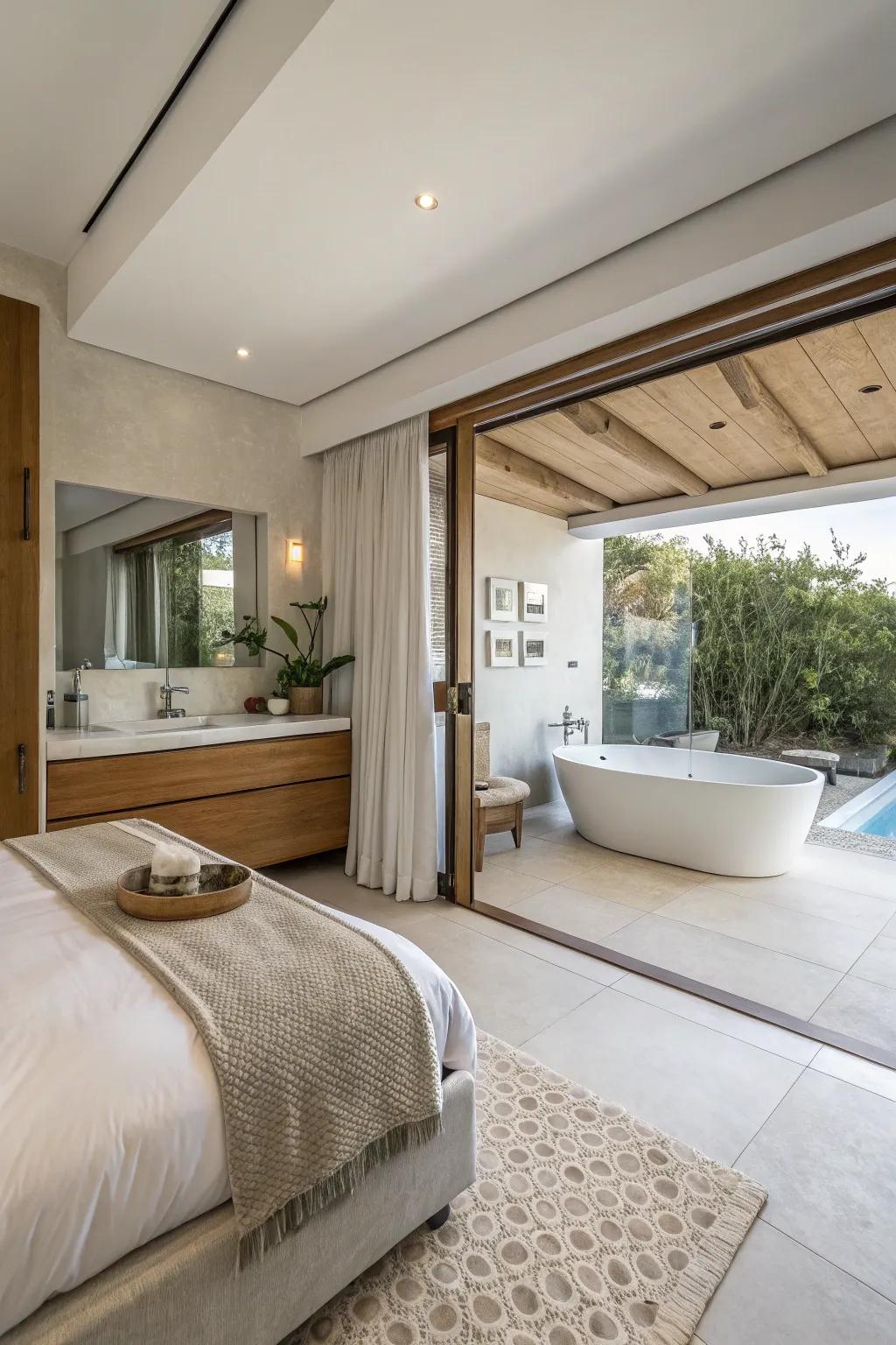 Seamless bedroom and bathroom creating a seamless and unified space.