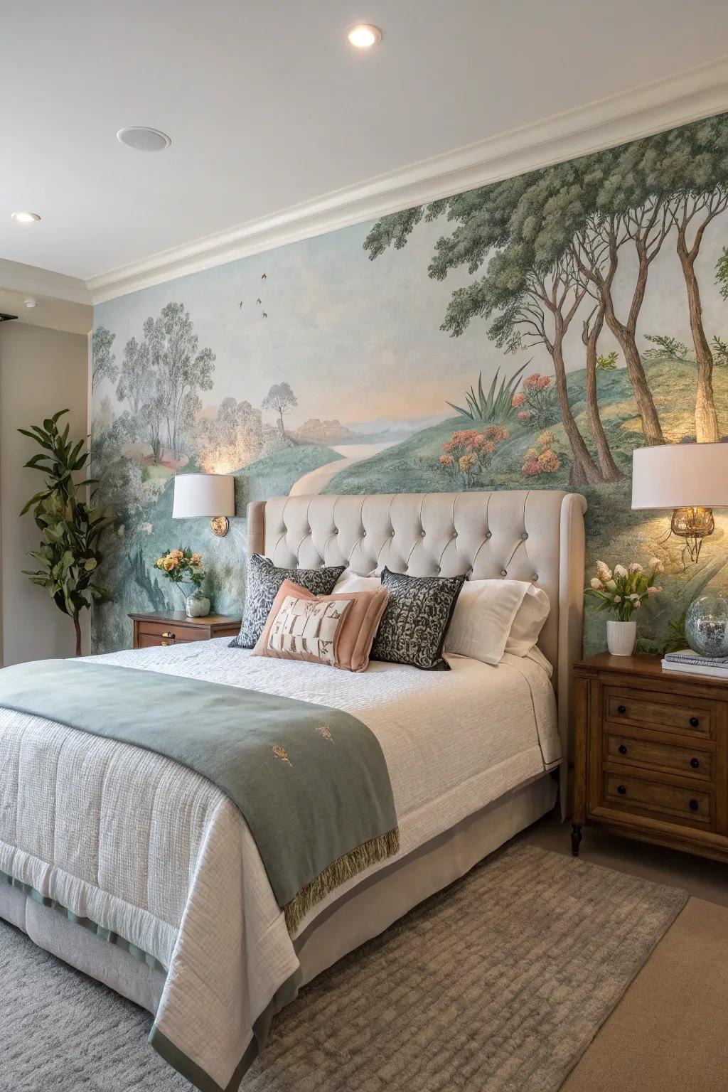 Paintings turn the wall into an artistic masterpiece.