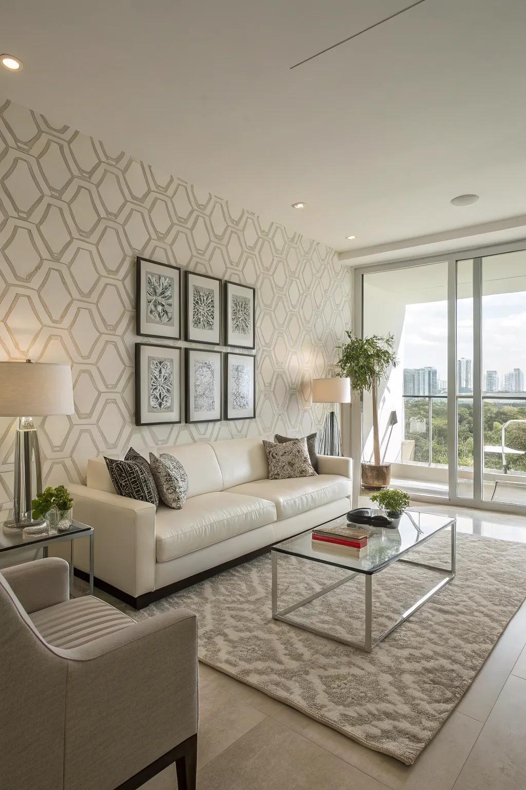 Minimalist wallpaper adds modern elegance to a living room.