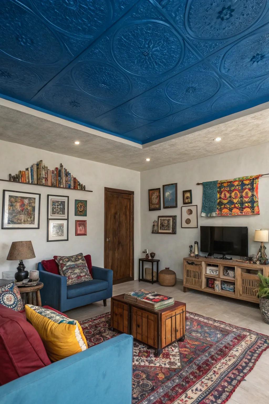 A painted overhead surface introduces unexpected spectacle to this room.