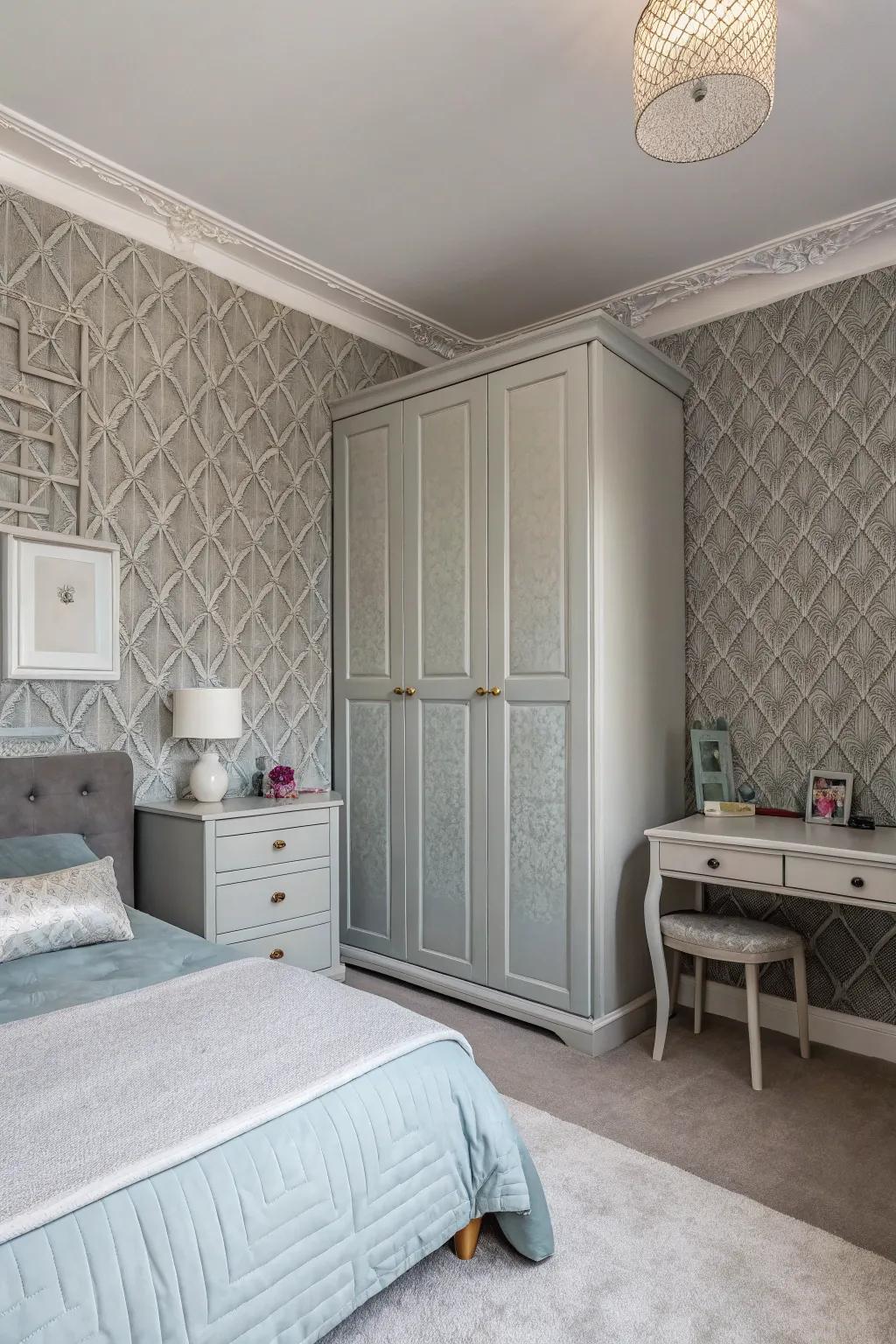 Textured wall segments infuse dimension into this grey bedroom.