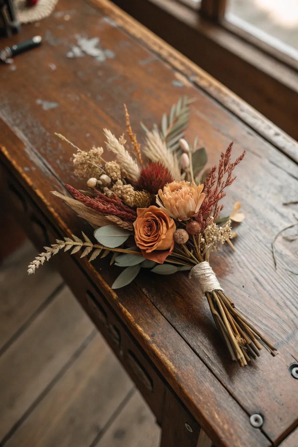 Dehydrated florals create a vintage-inspired boutonniere.