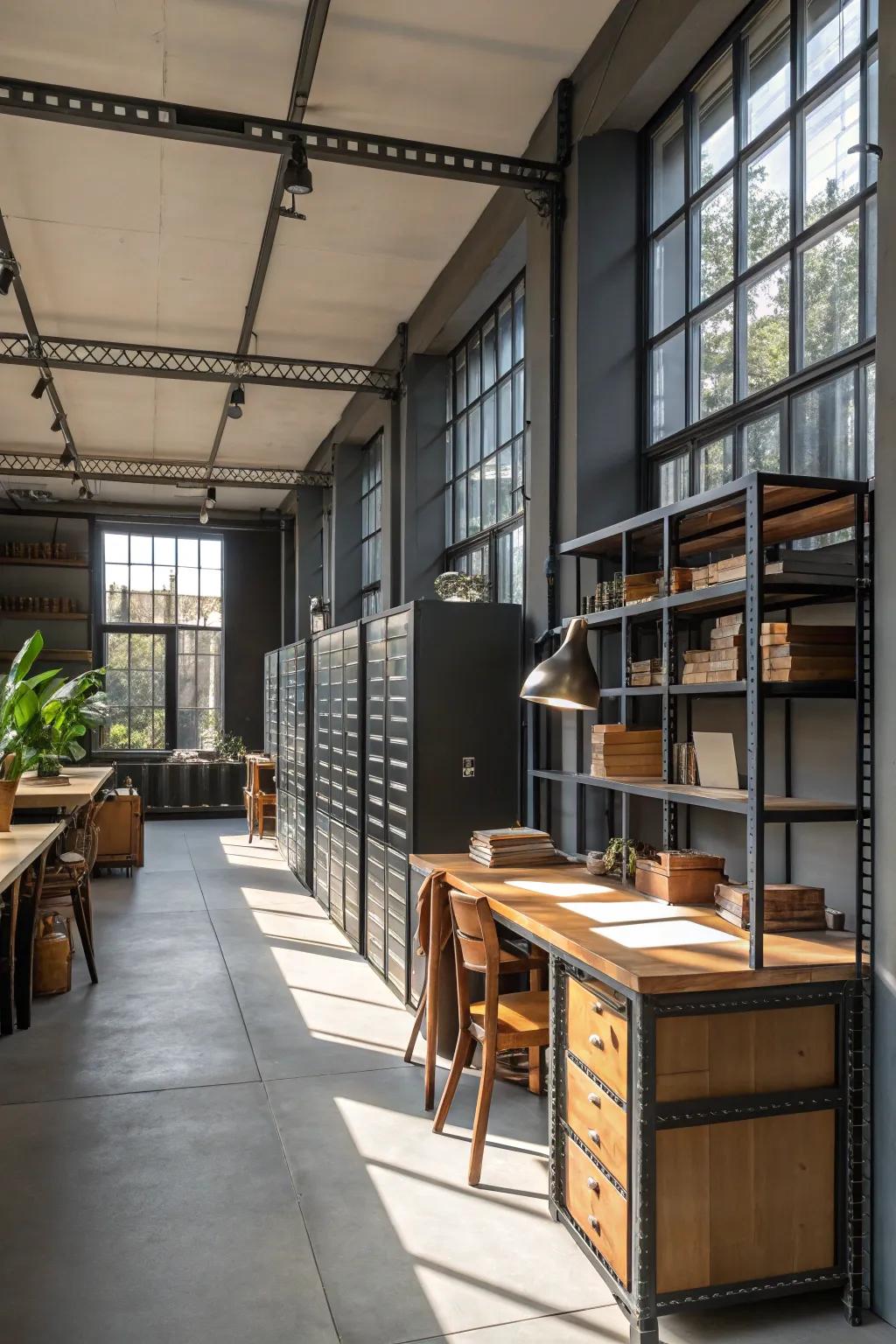 Factory-inspired components inject a durable charm into your home office.