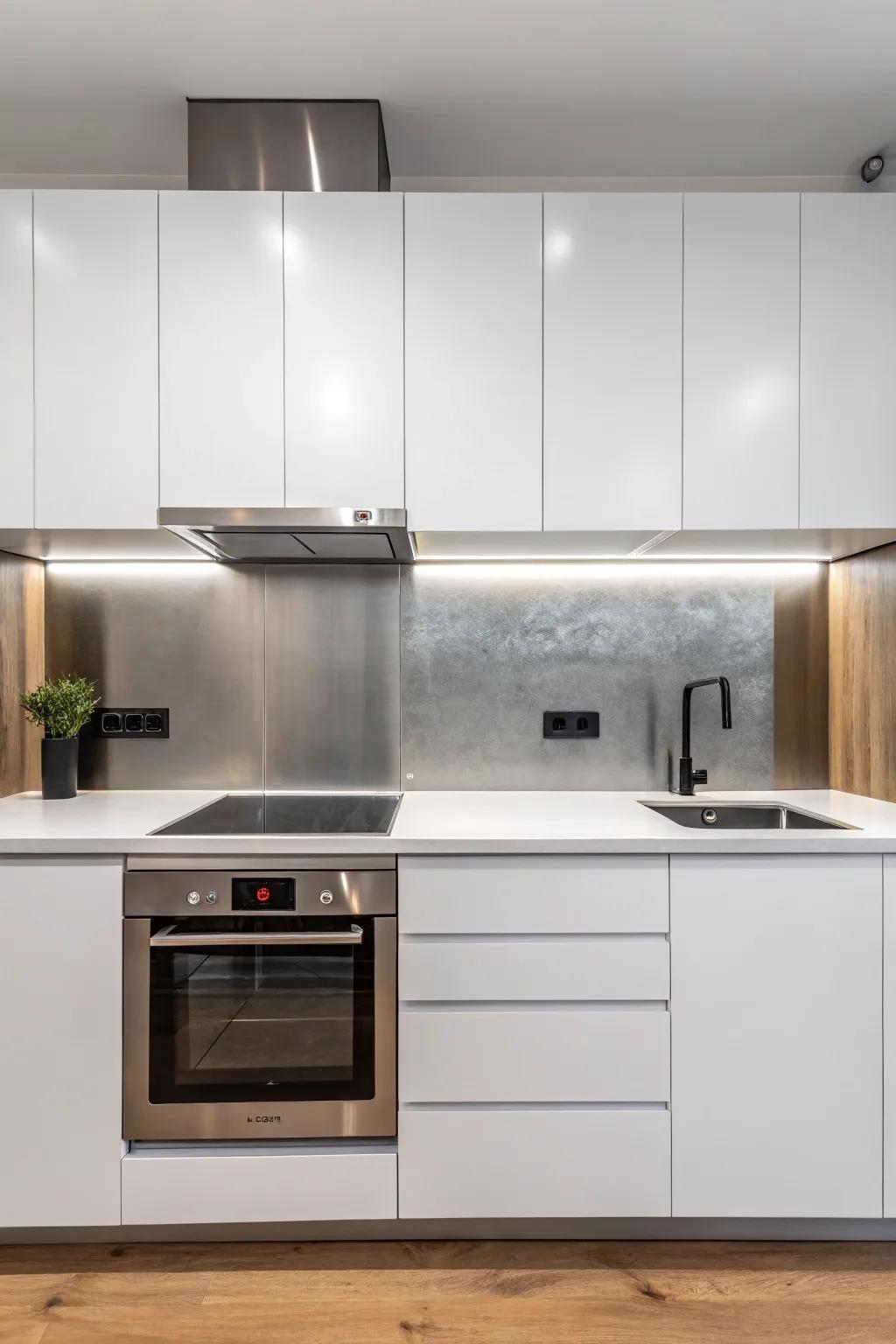 A minimalist kitchen featuring a brushed metal backsplash.