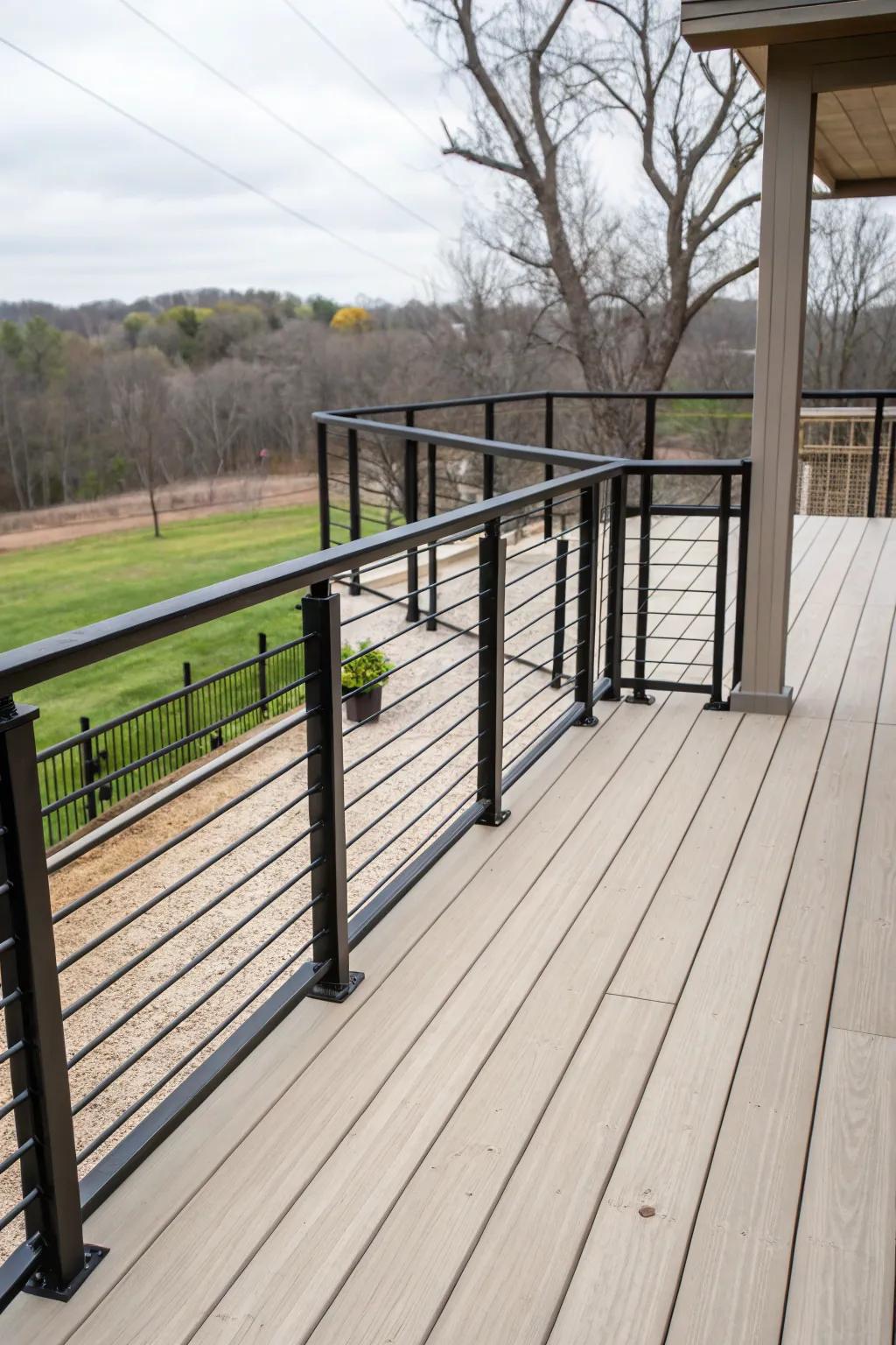 Bold black railings create a dramatic and elegant contrast.