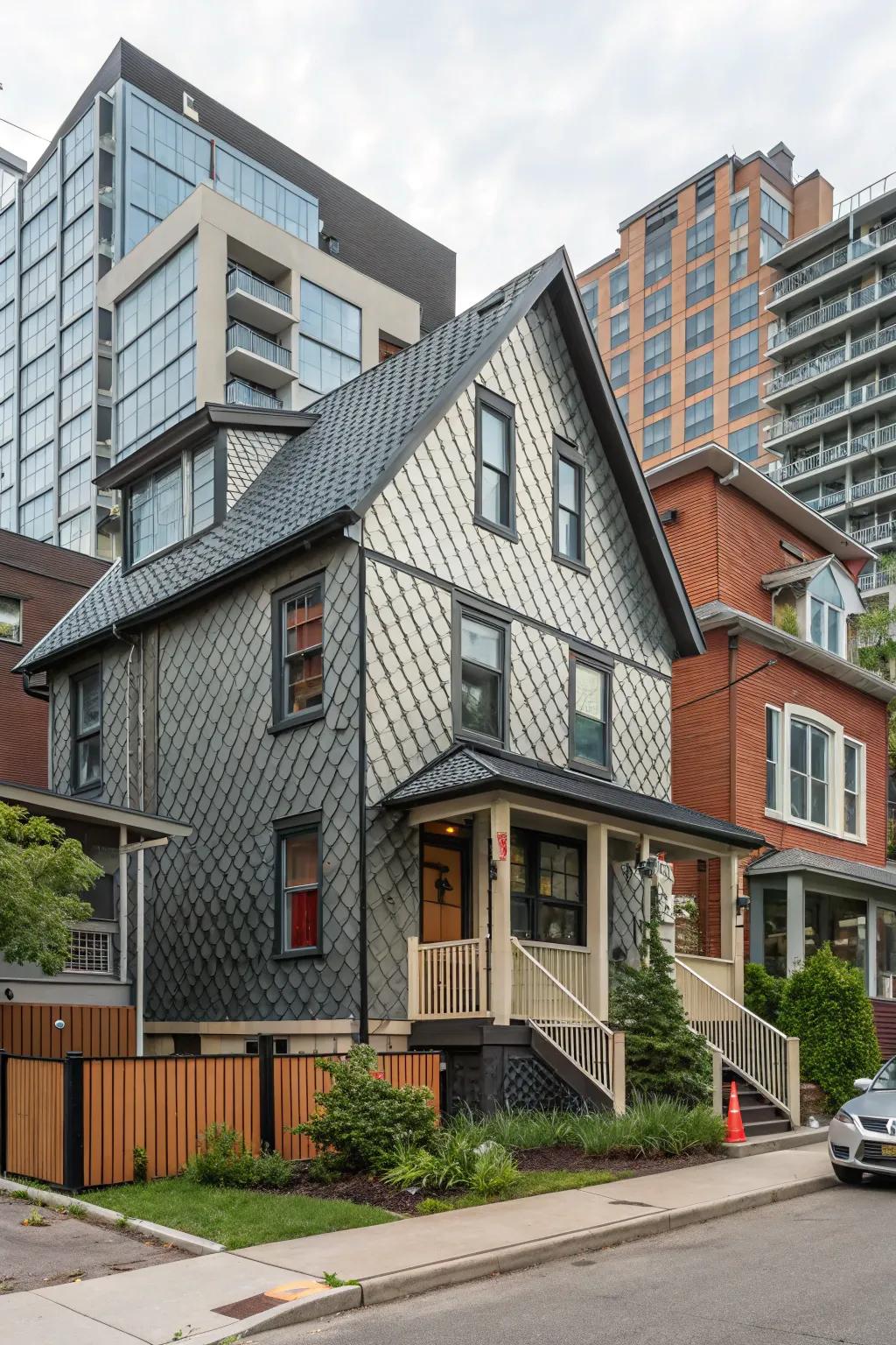 A dynamic architectural home featuring textured metal wall cladding for added visual interest.