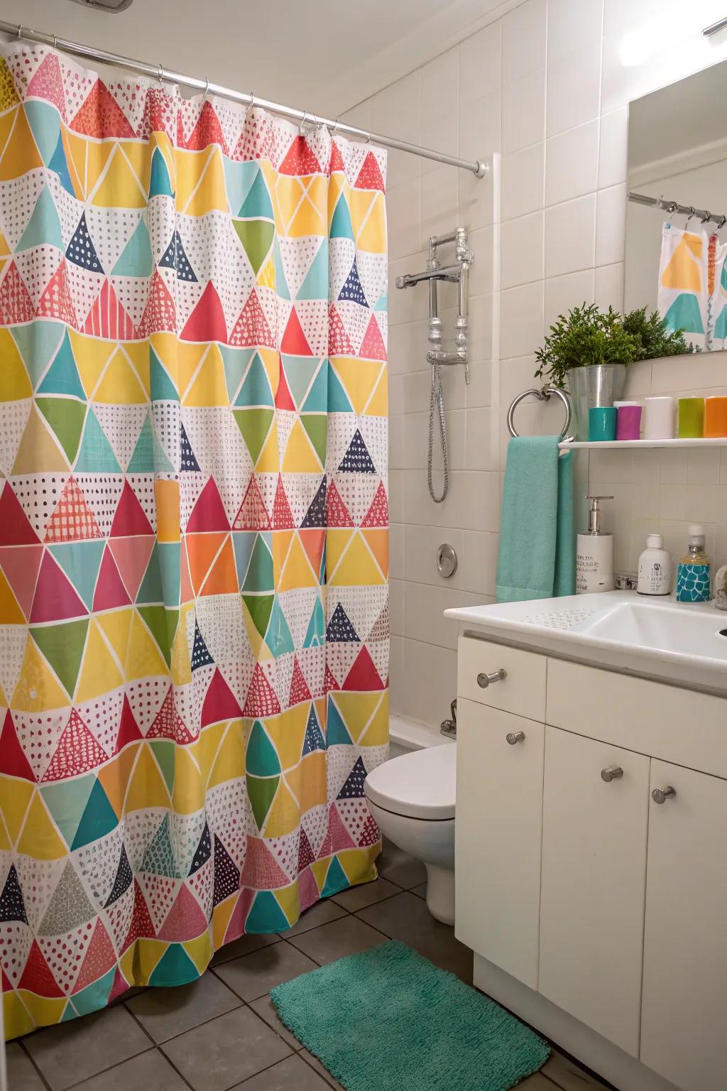 A radiant bath drape enlivening the space.