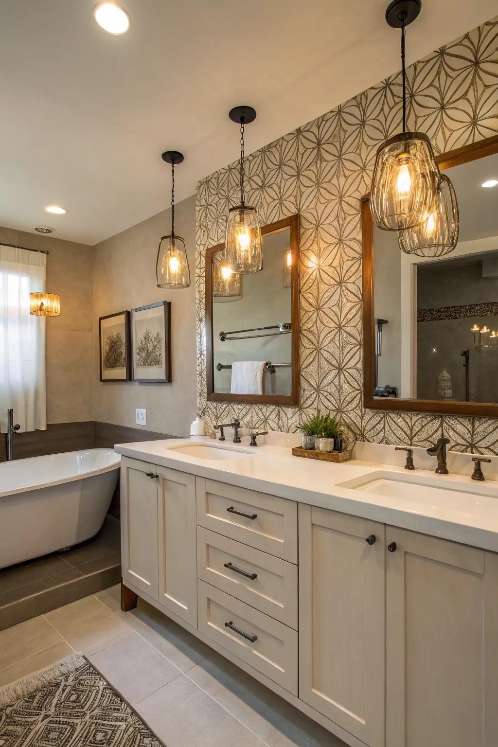 Pendant lights add a dramatic flair to the vanity area.