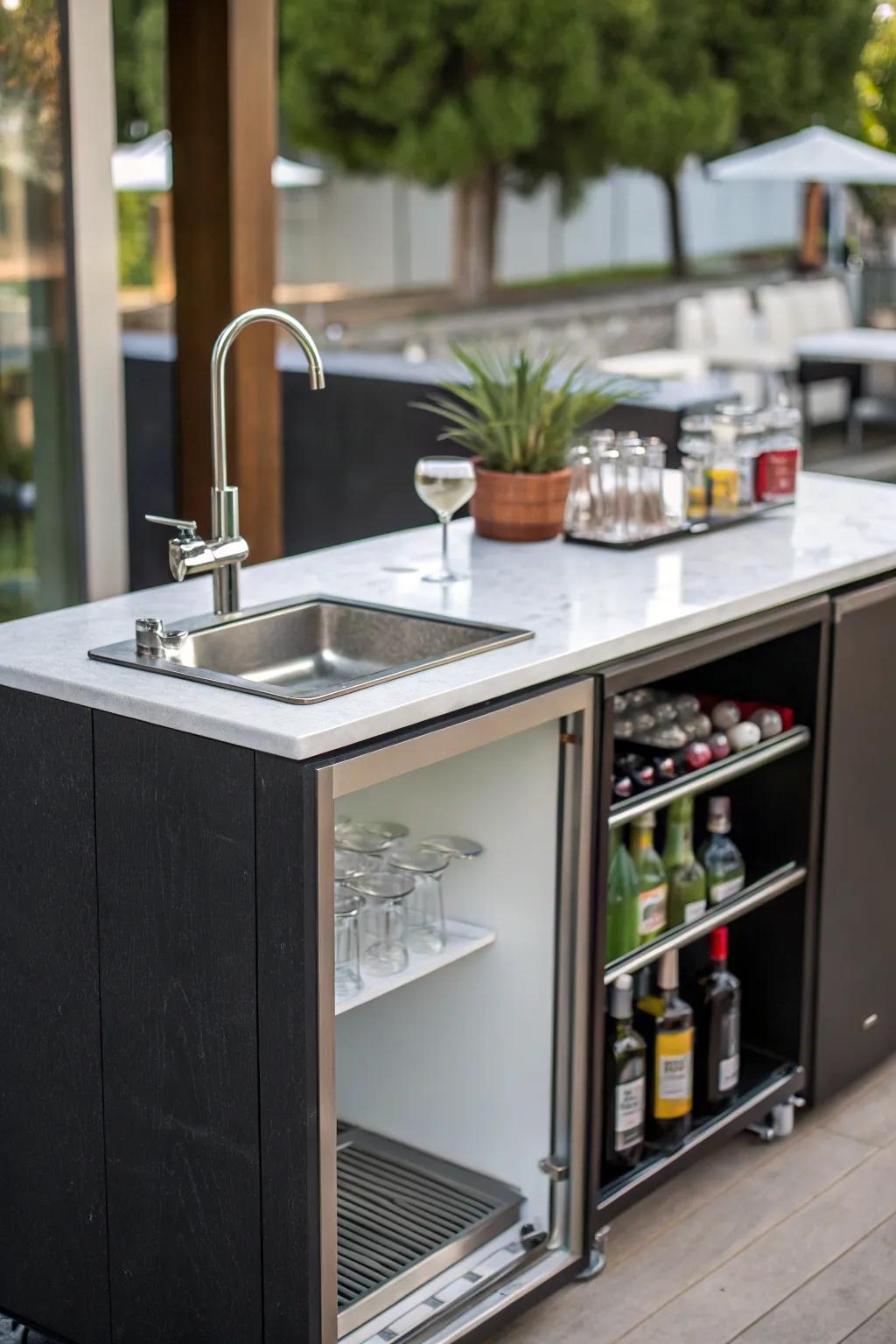 A streamlined washbasin amplifies the practicality and ease of access attributed to a scaled-down bar.