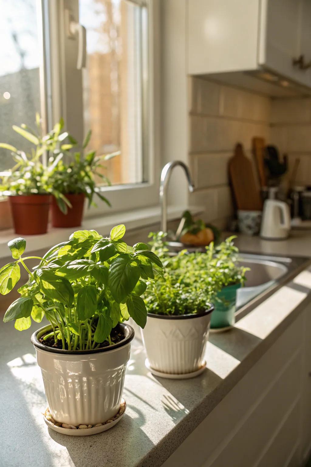 A practical and fragrant small herb garden in the kitchen.