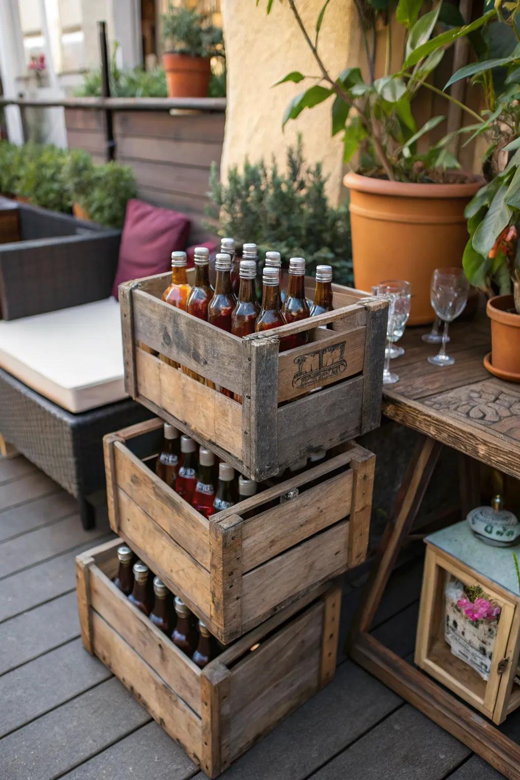 Period crates stacked to forge a captivating presentation for miniature liquor bottles.