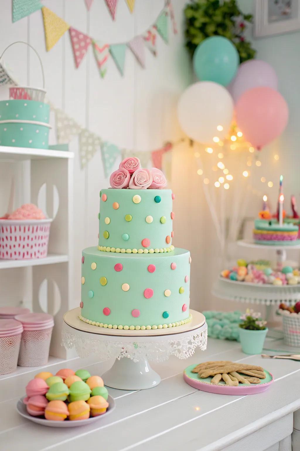 A mint green cake adorned with a playful polka dot pattern.