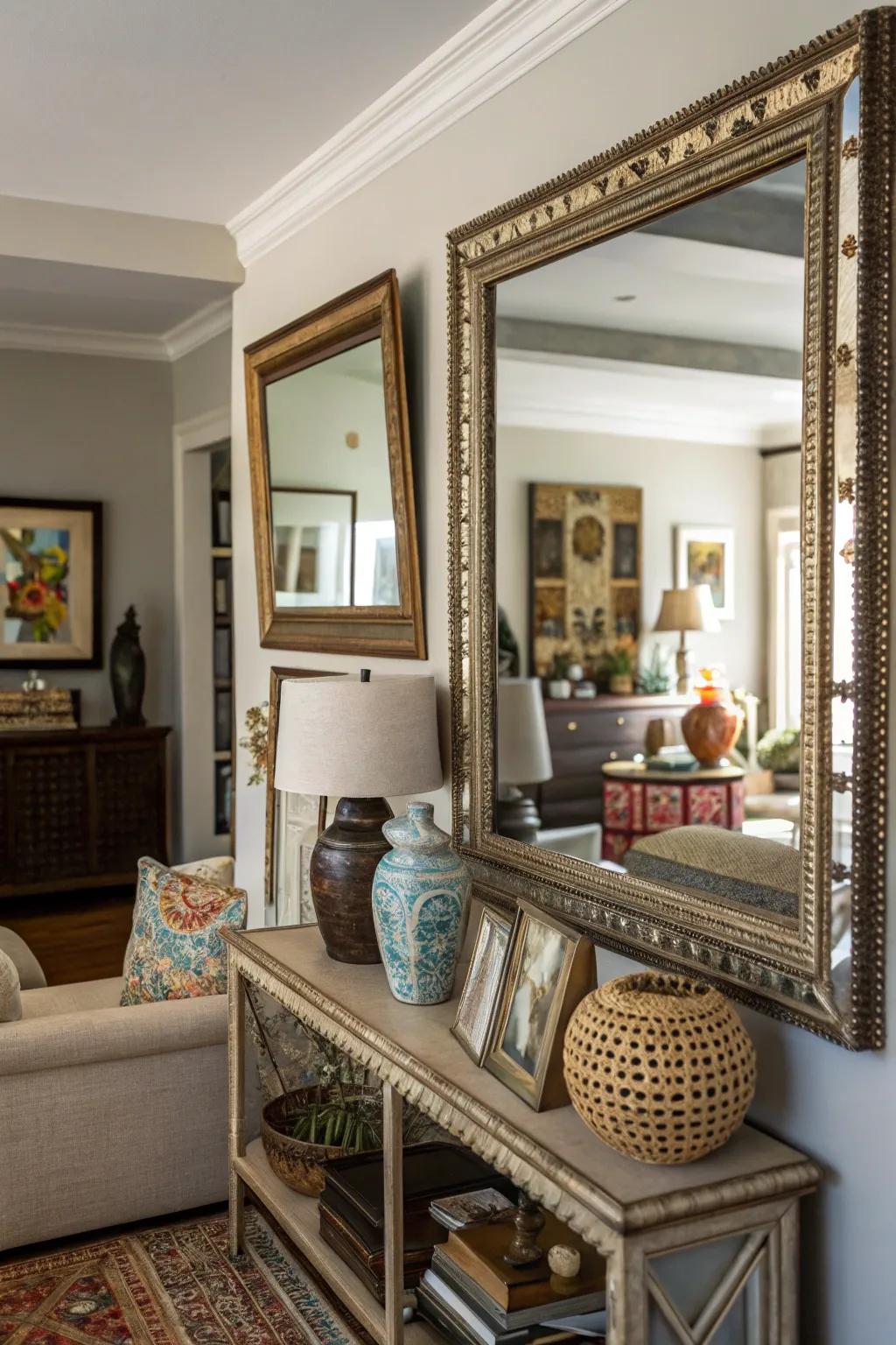 Layered mirrors create depth and add visual intrigue.