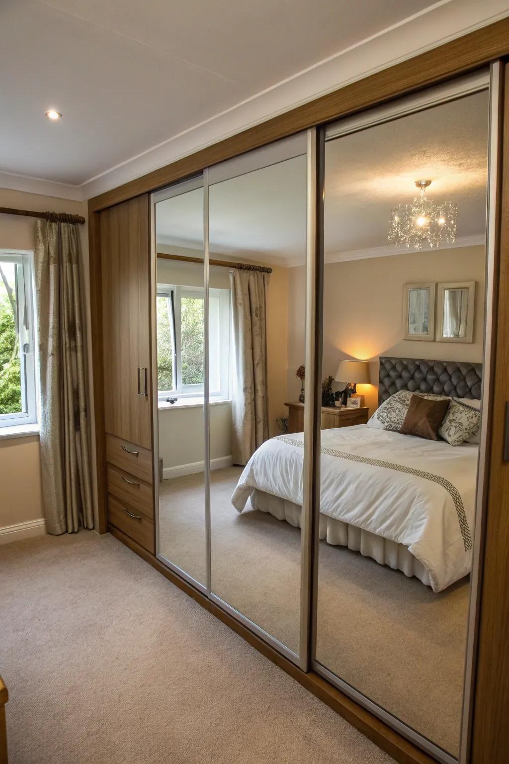 Sliding mirror entrances expand space and reflect light effectively.