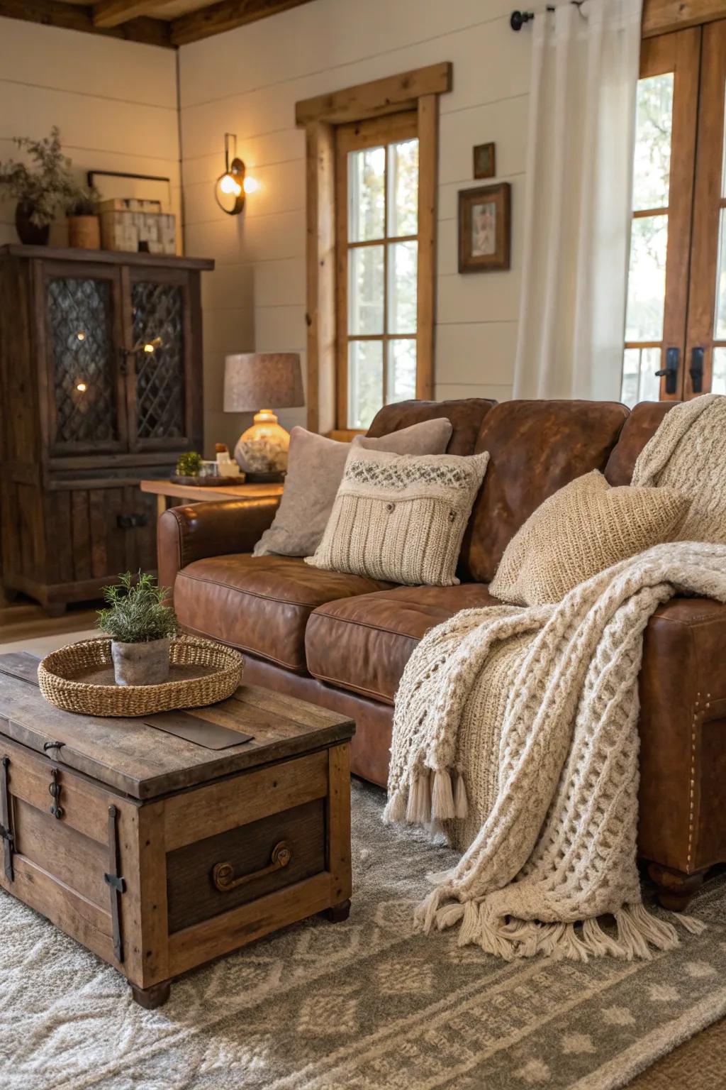 Rustic elements create a warm, inviting retreat around the cacao sofa.