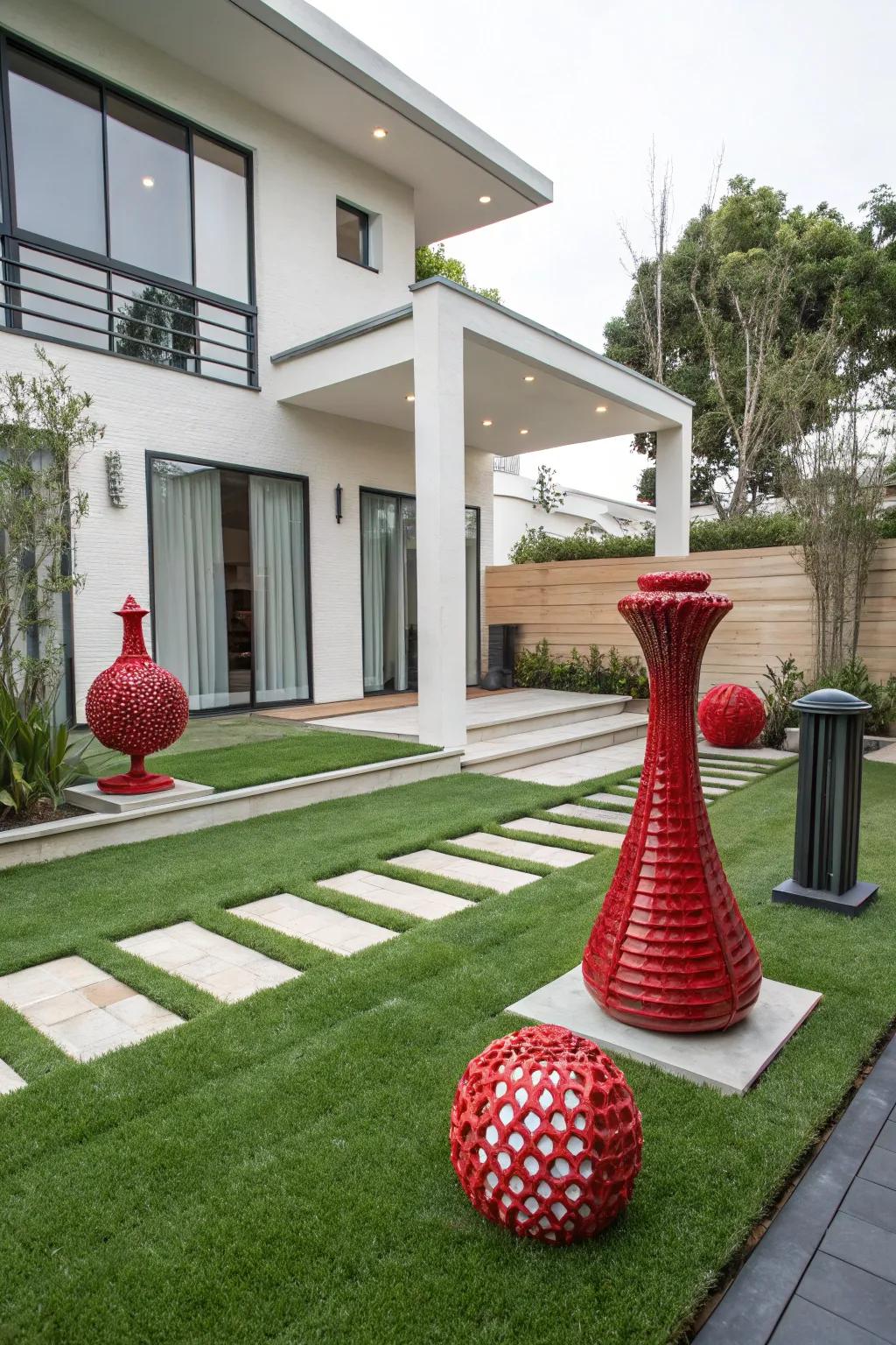 Sculptures serve as focal points on the lush artificial grass.