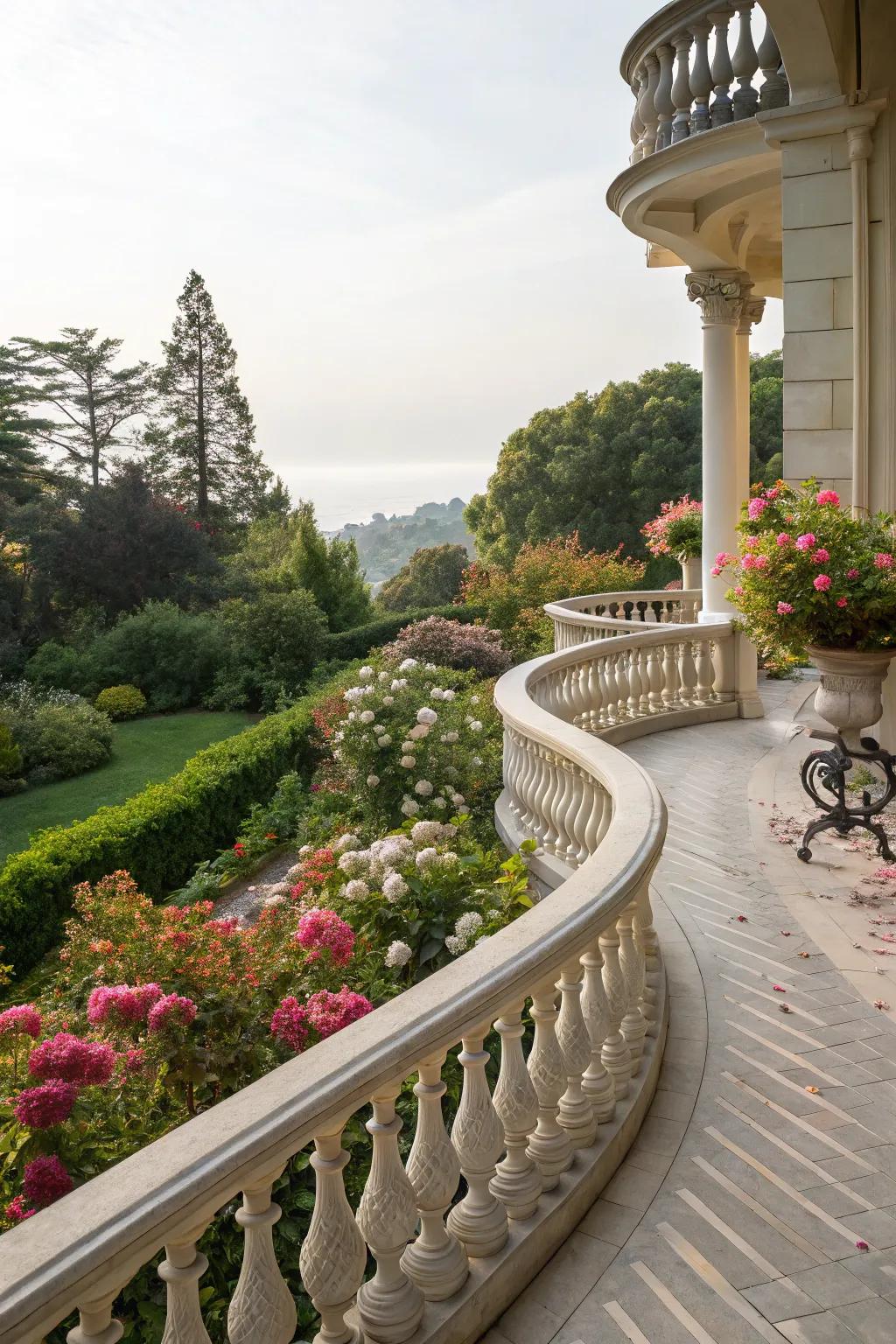 Balcony with elegantly curved railings in a garden setting