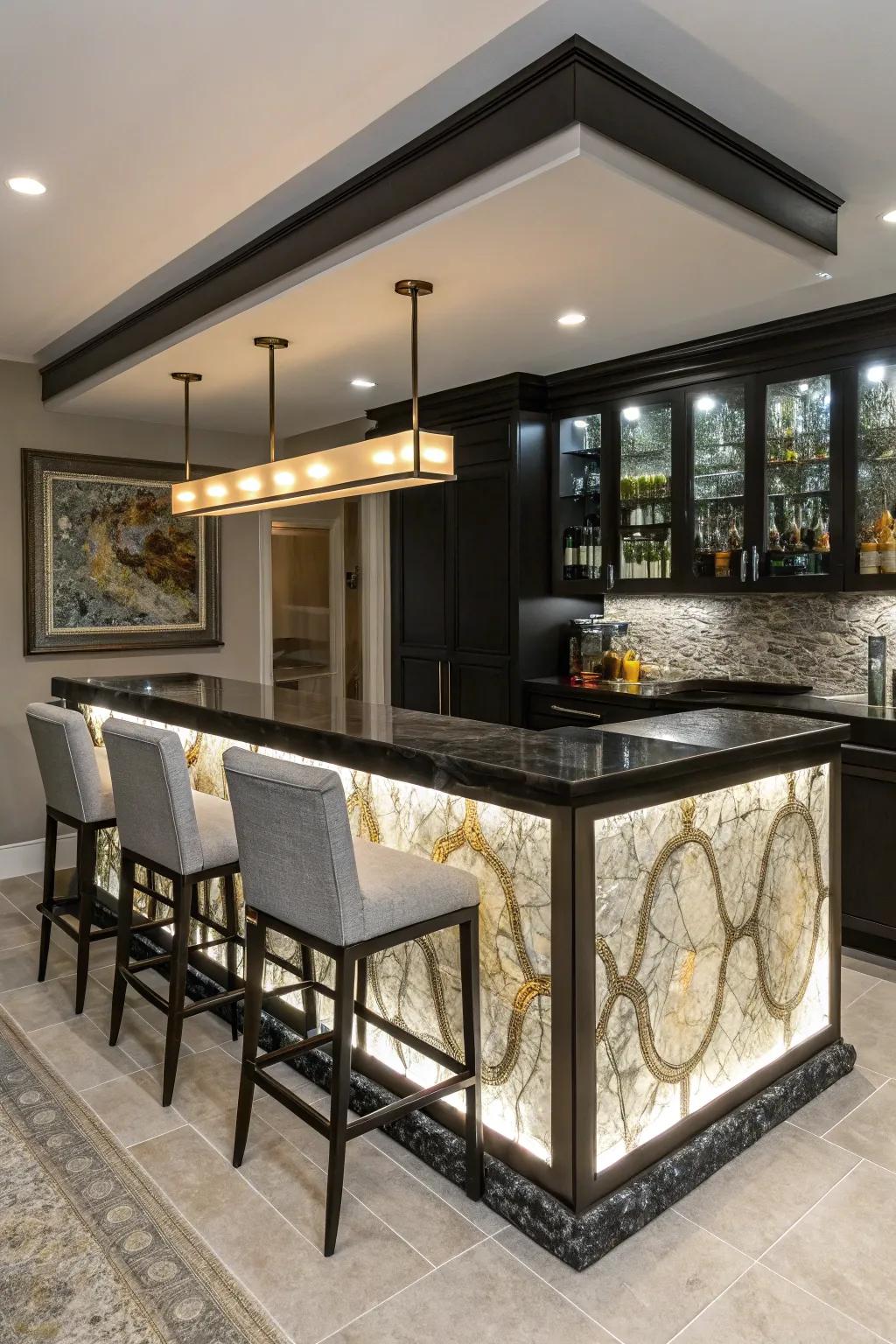 Unexpected components add a 'wow' factor to this contemporary bar.