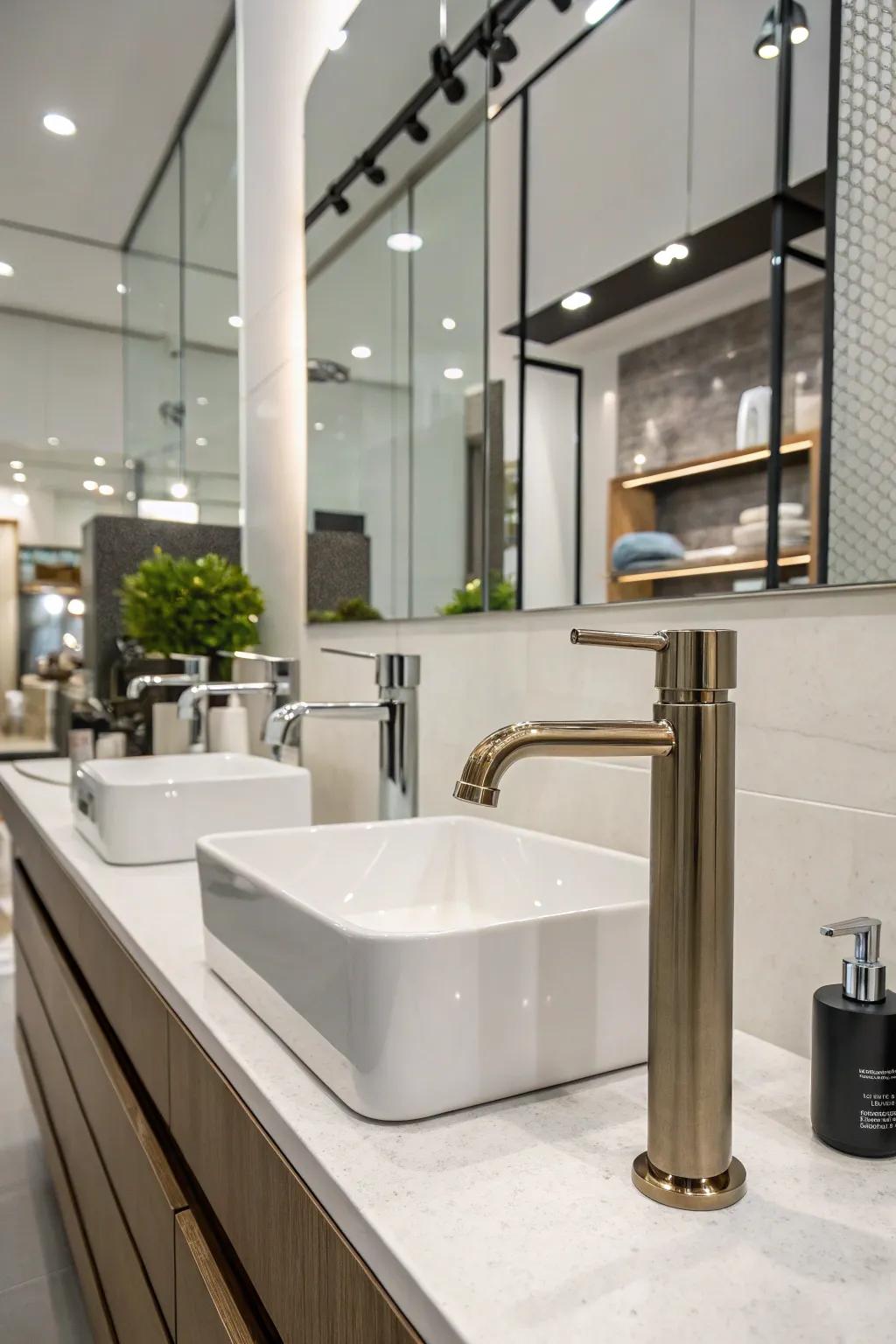 Updated hardware injects a fresh look into this modern bathroom.