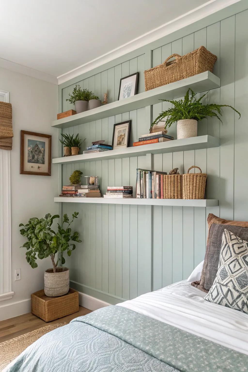 Integrated floating ledges provide storage and style.