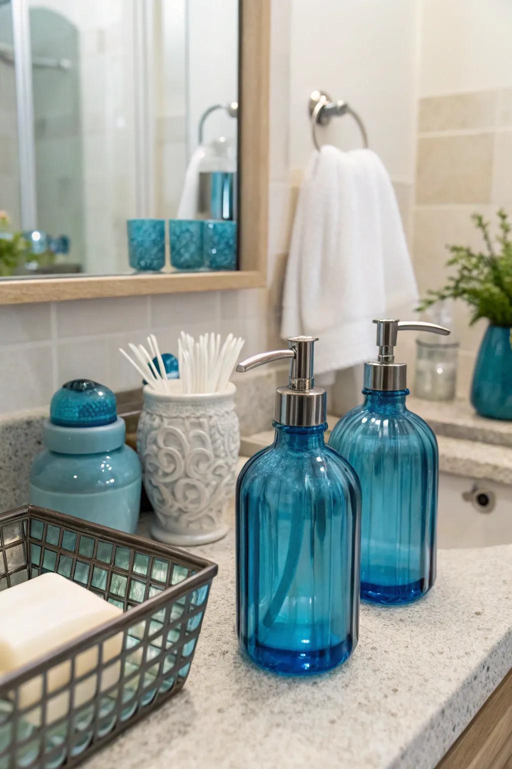 Azure crystal highlights reflect light beautifully, adding elegance to this bathroom.