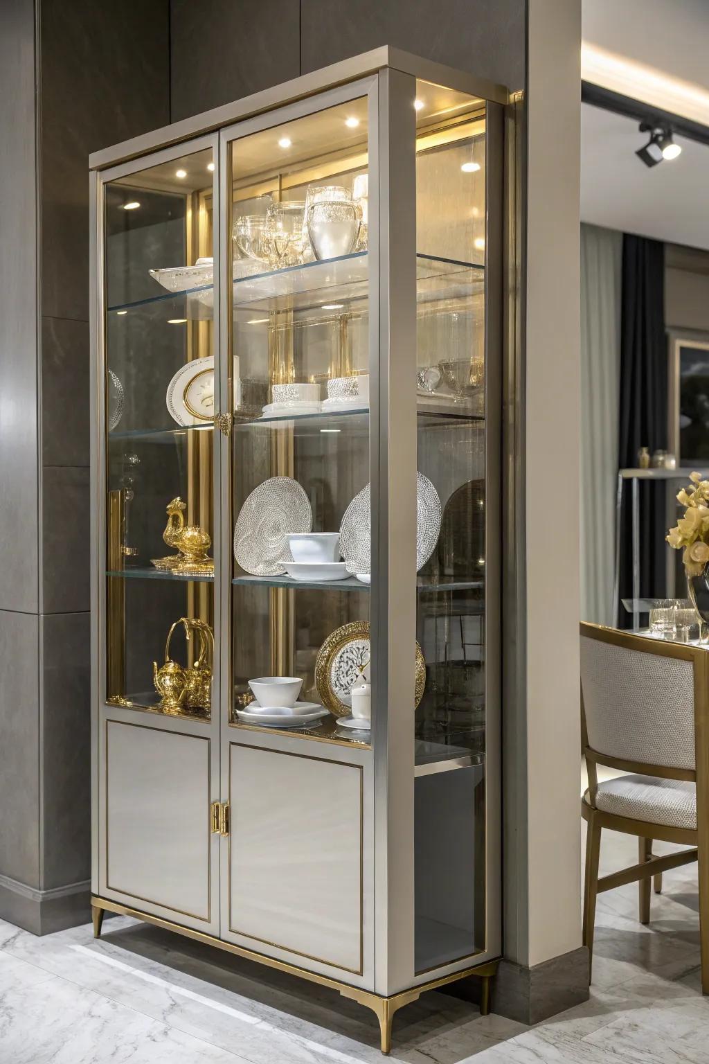 Glamorous metallic accents in a china cabinet.