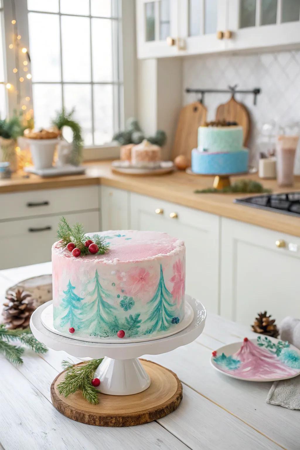 A yuletide cake featuring watercolor magic