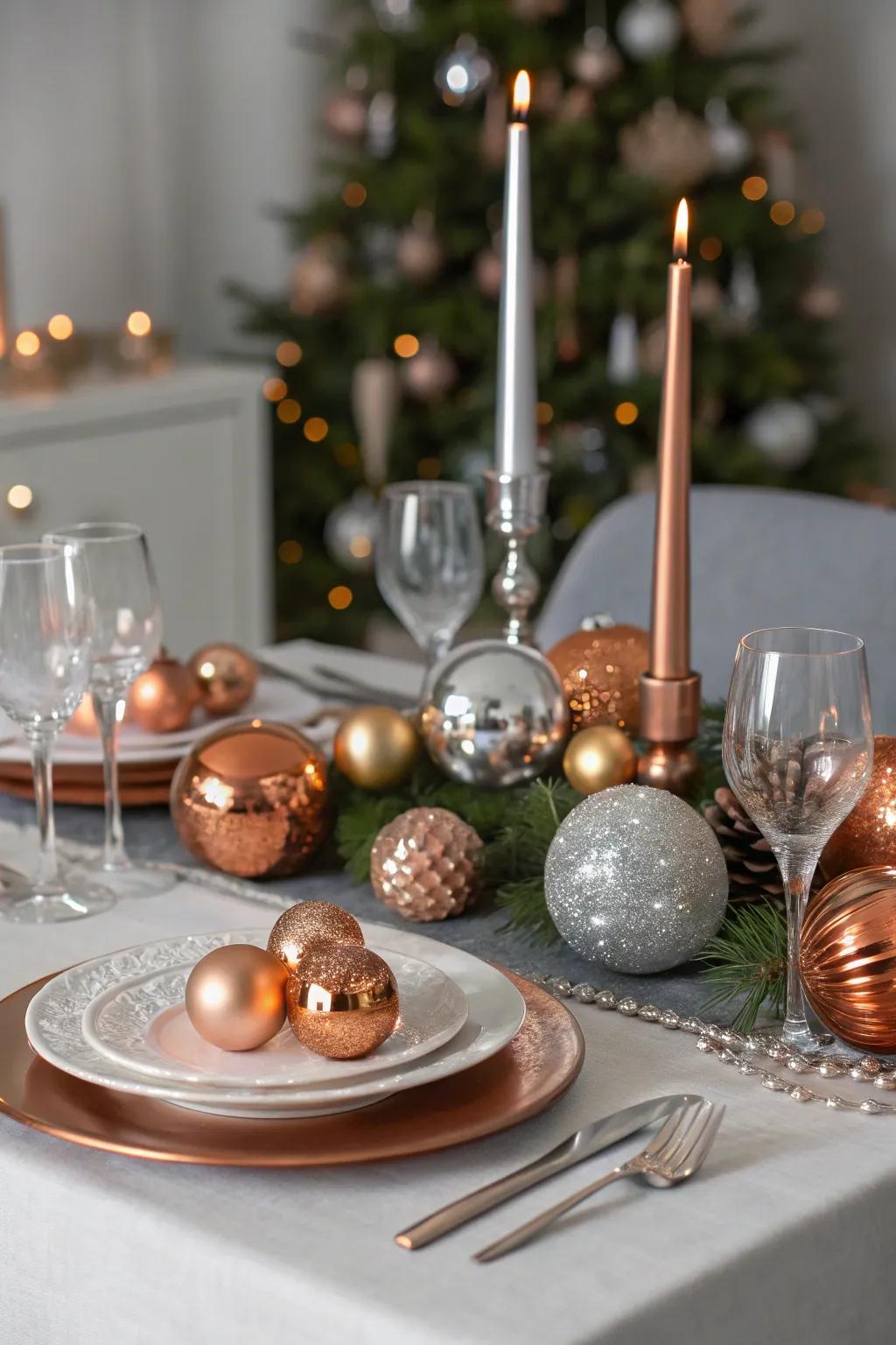 A festive table design with metallic silver and copper shimmers.