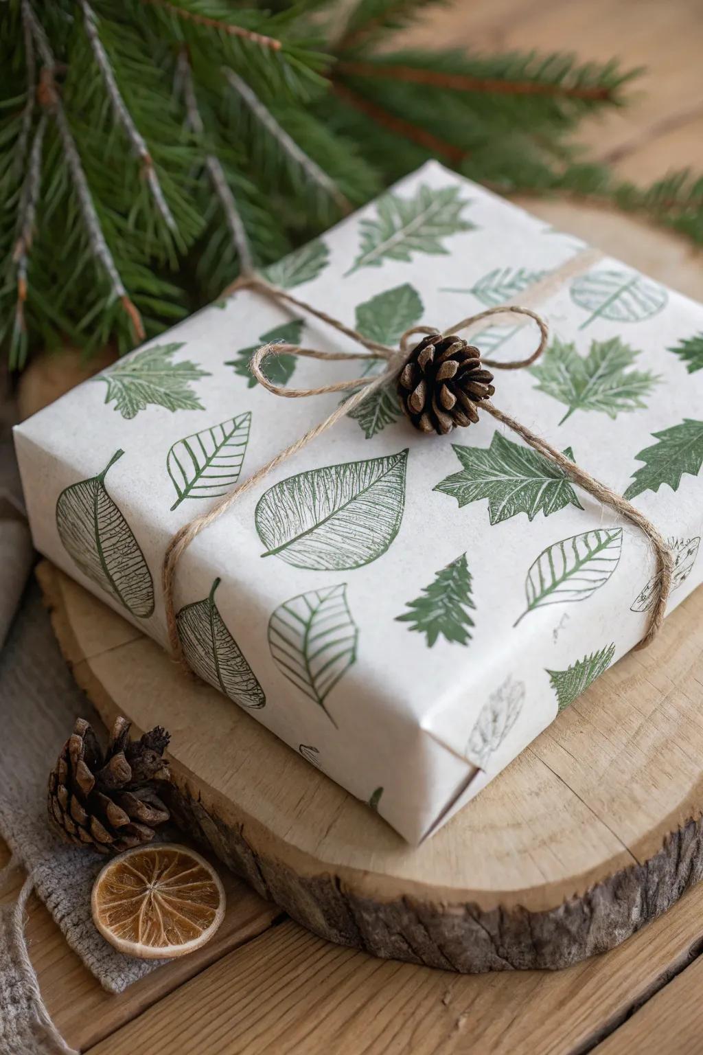 A nature-themed gift wrapped with designs that honor the wonders of the natural world.
