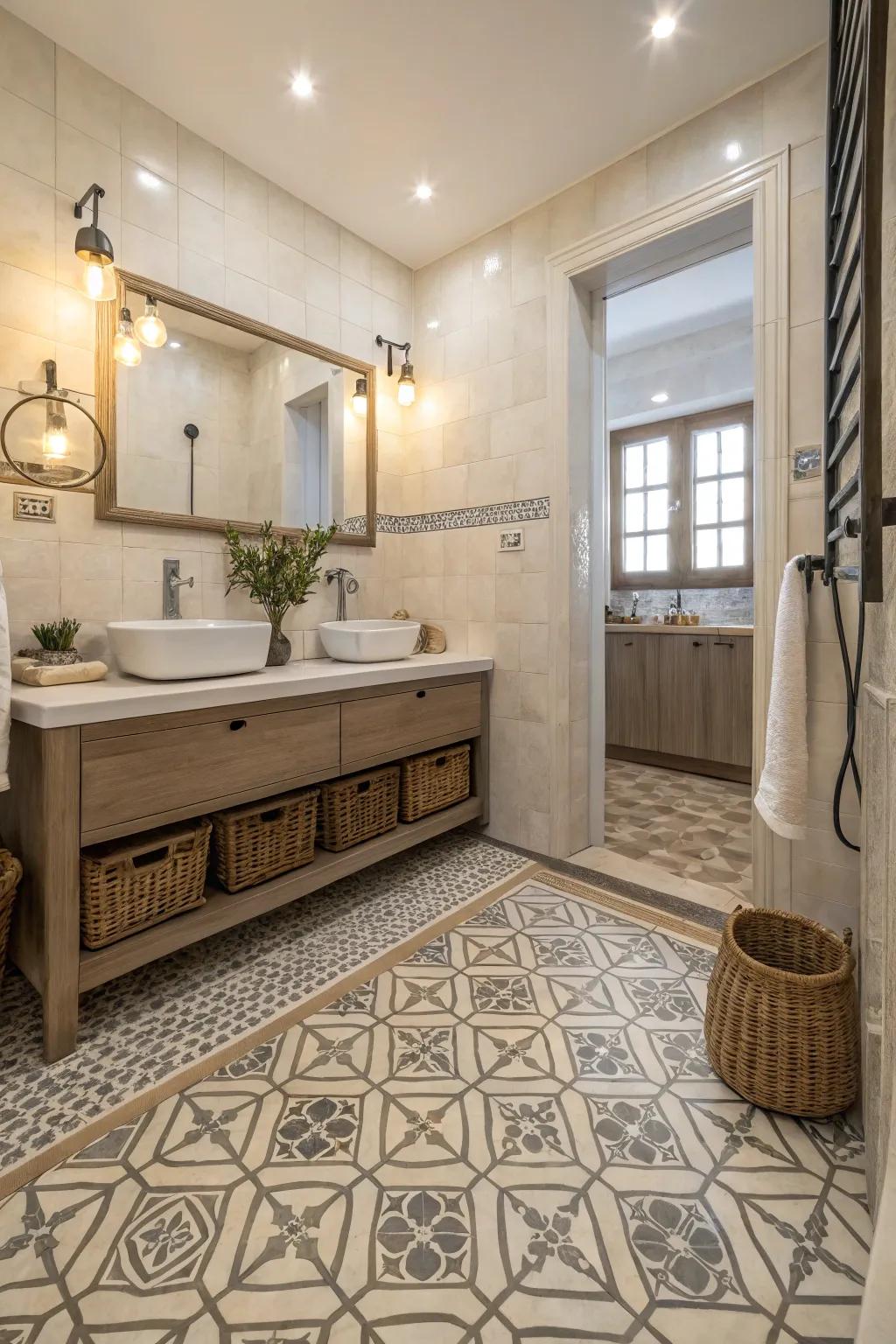 Patterned tiles create visual fascination within this stylish lavatory.