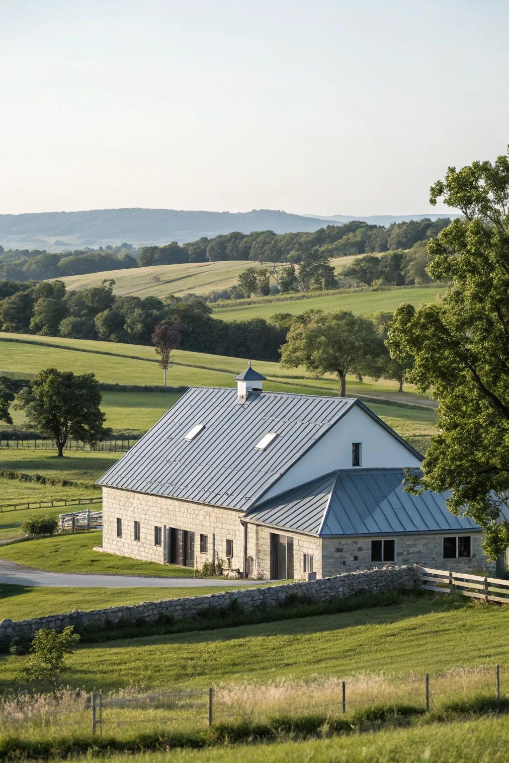 Understated elegance: A farmhouse featuring a simple metal roof.
